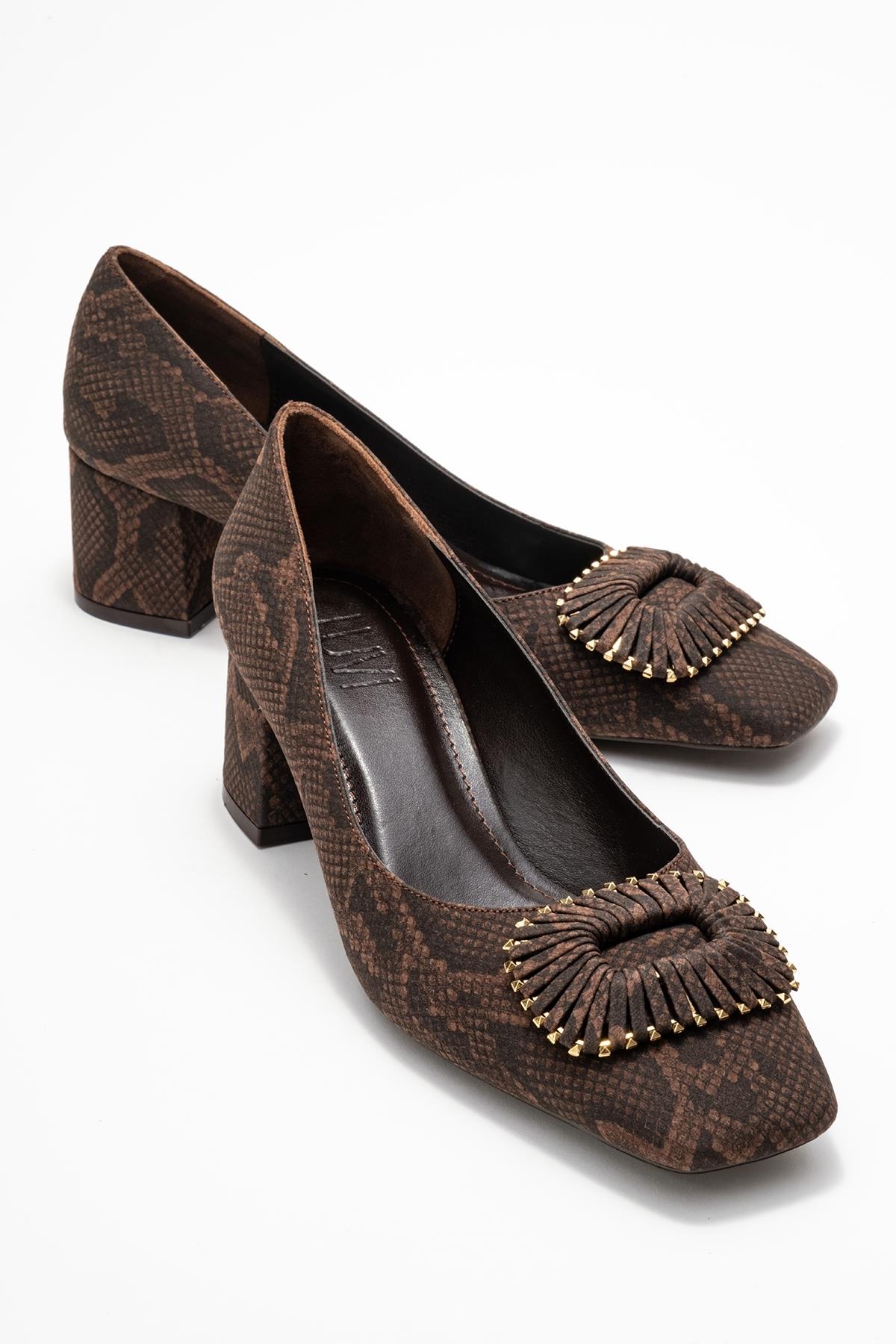 Velora - Brown Patterned Buckled Block Heel Shoe – front three-quarter view showing leather, SimmiUnique