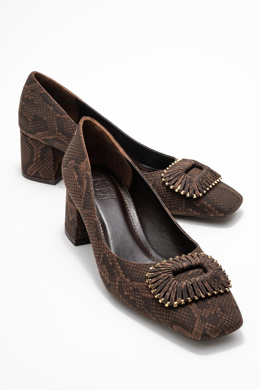 Velora - Brown Patterned Buckled Block Heel Shoe
