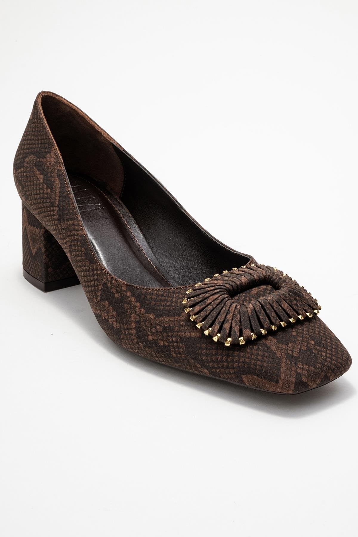 Velora - Brown Patterned Buckled Block Heel Shoe – detail view showing leather, SimmiUnique