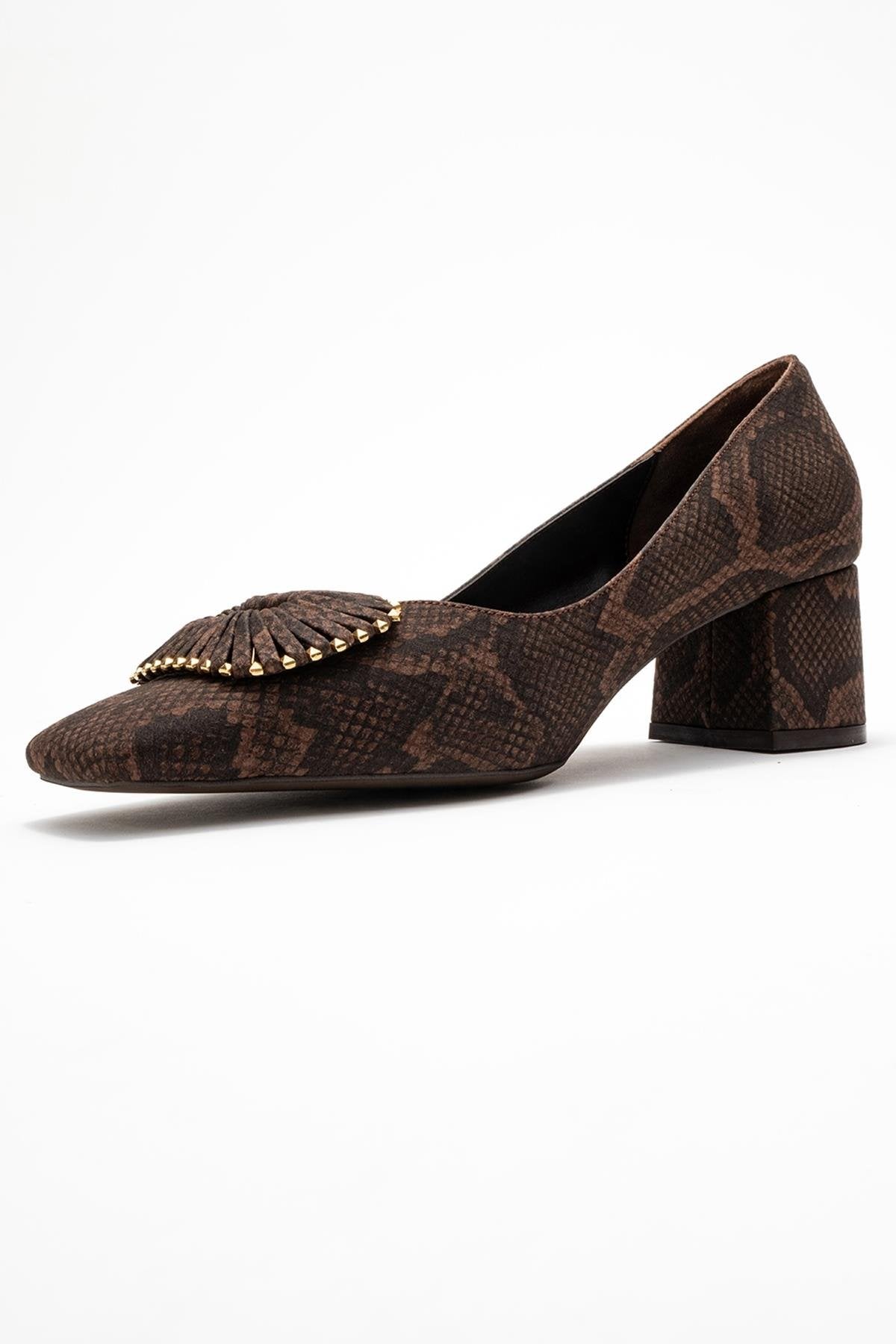 Velora - Brown Patterned Buckled Block Heel Shoe – heel view showing leather, SimmiUnique