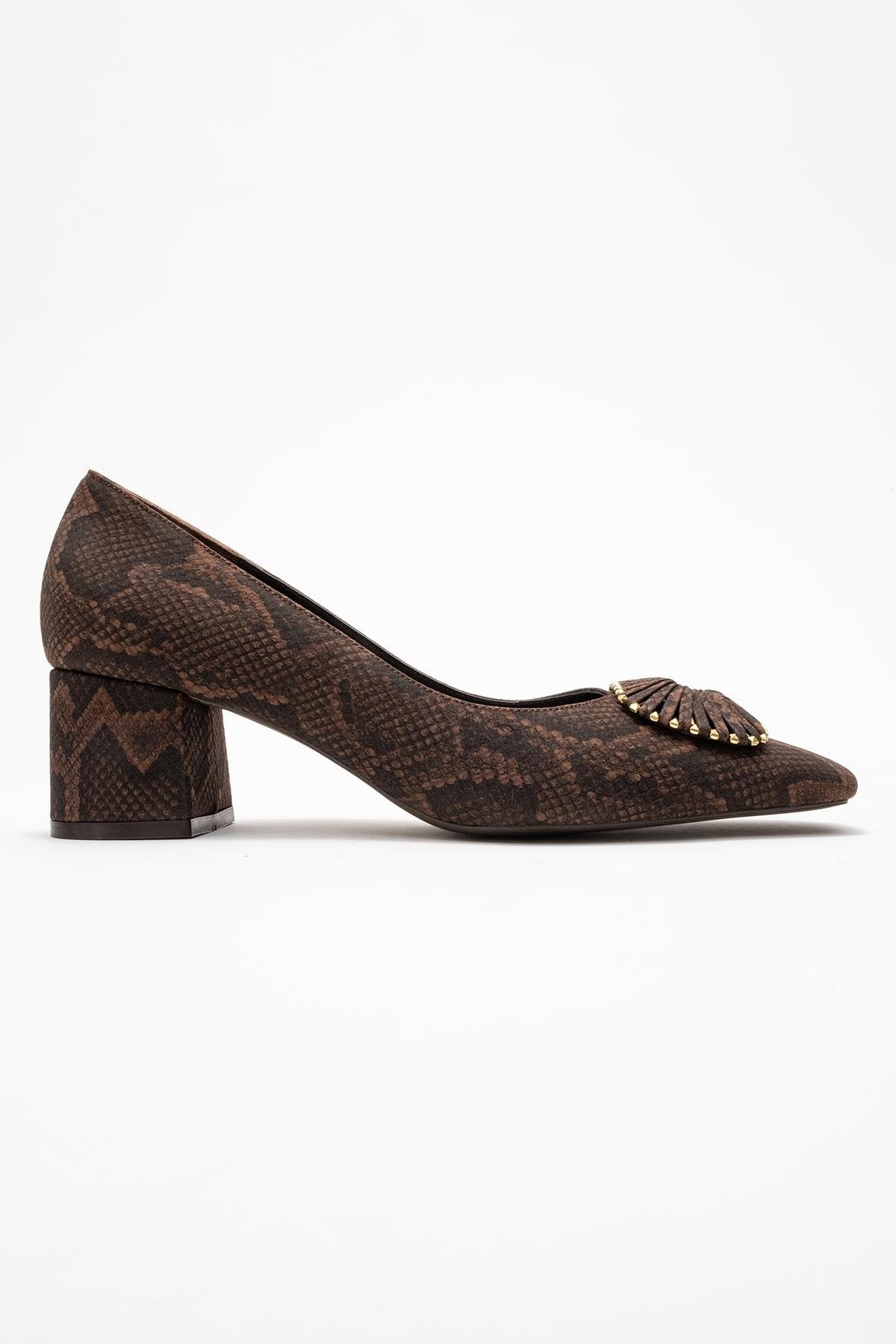 Velora - Brown Patterned Buckled Block Heel Shoe – top view showing leather, SimmiUnique