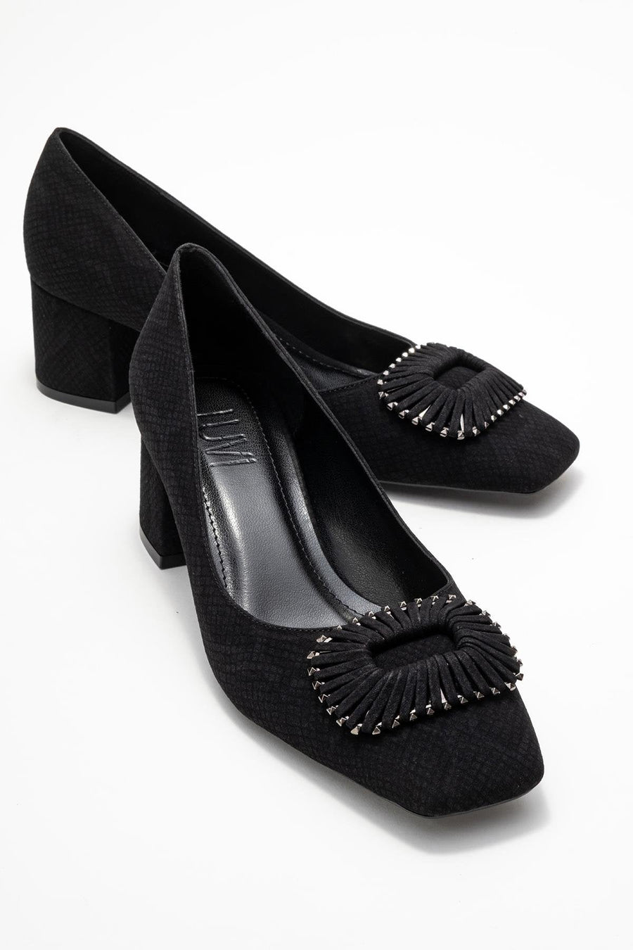 Velora - Black Patterned Buckled Block Heel Shoe