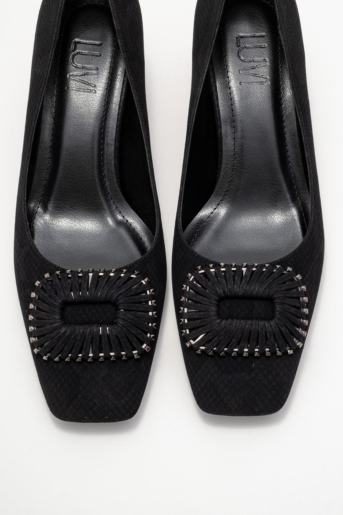 Velora - Black Patterned Buckled Block Heel Shoe – side view showing leather, black, SimmiUnique