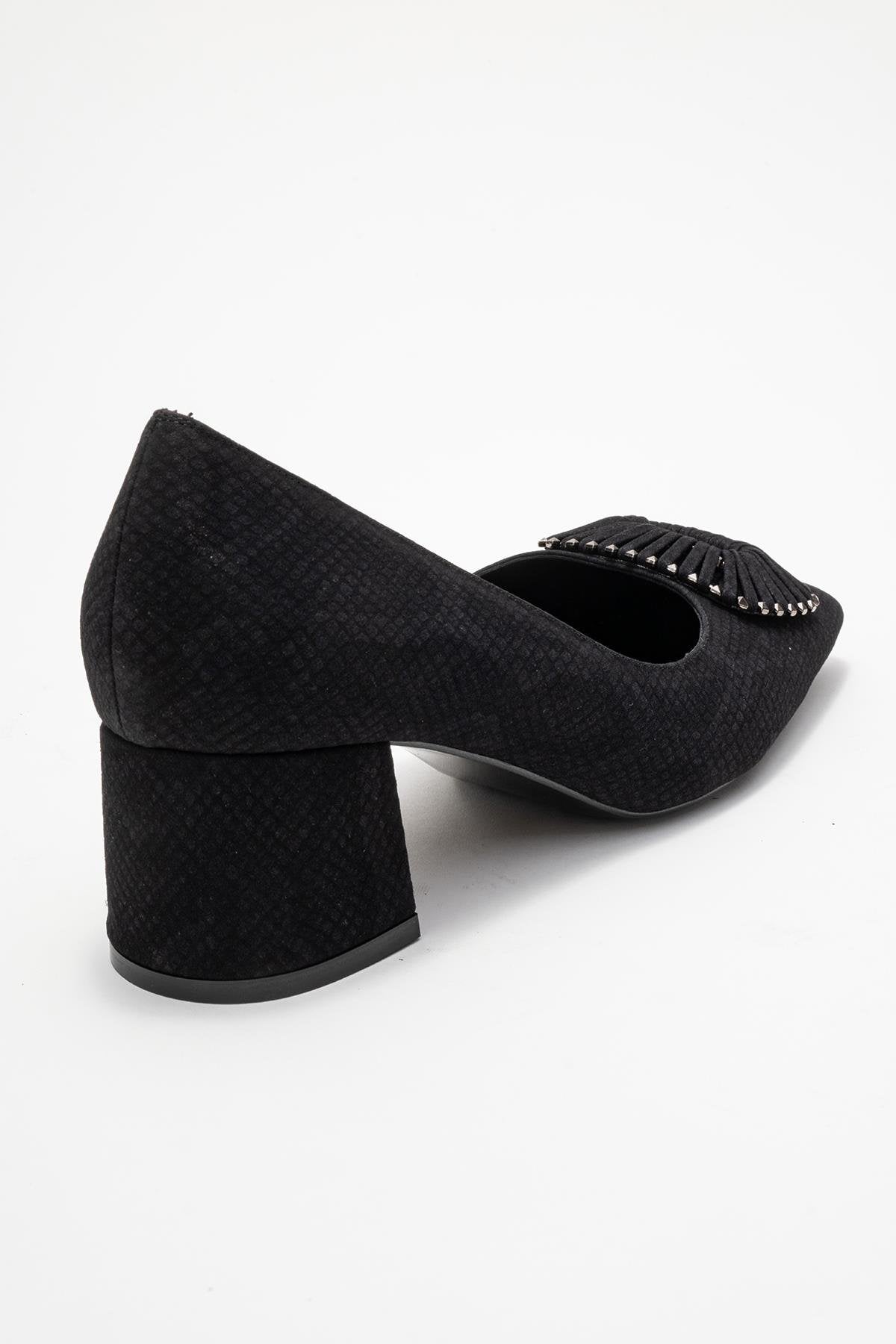 Velora - Black Patterned Buckled Block Heel Shoe – back view showing leather, black, SimmiUnique