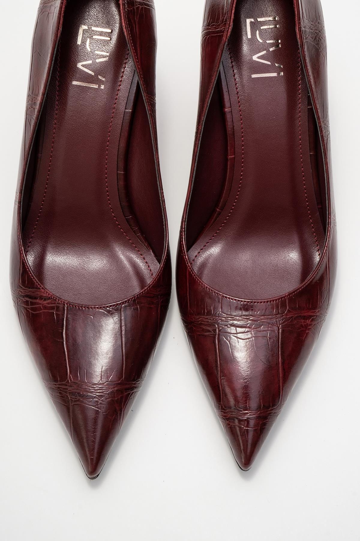 Puera - Burgundy Printed Pointed Toe Wedge Heel Shoe – side view showing leather, SimmiUnique