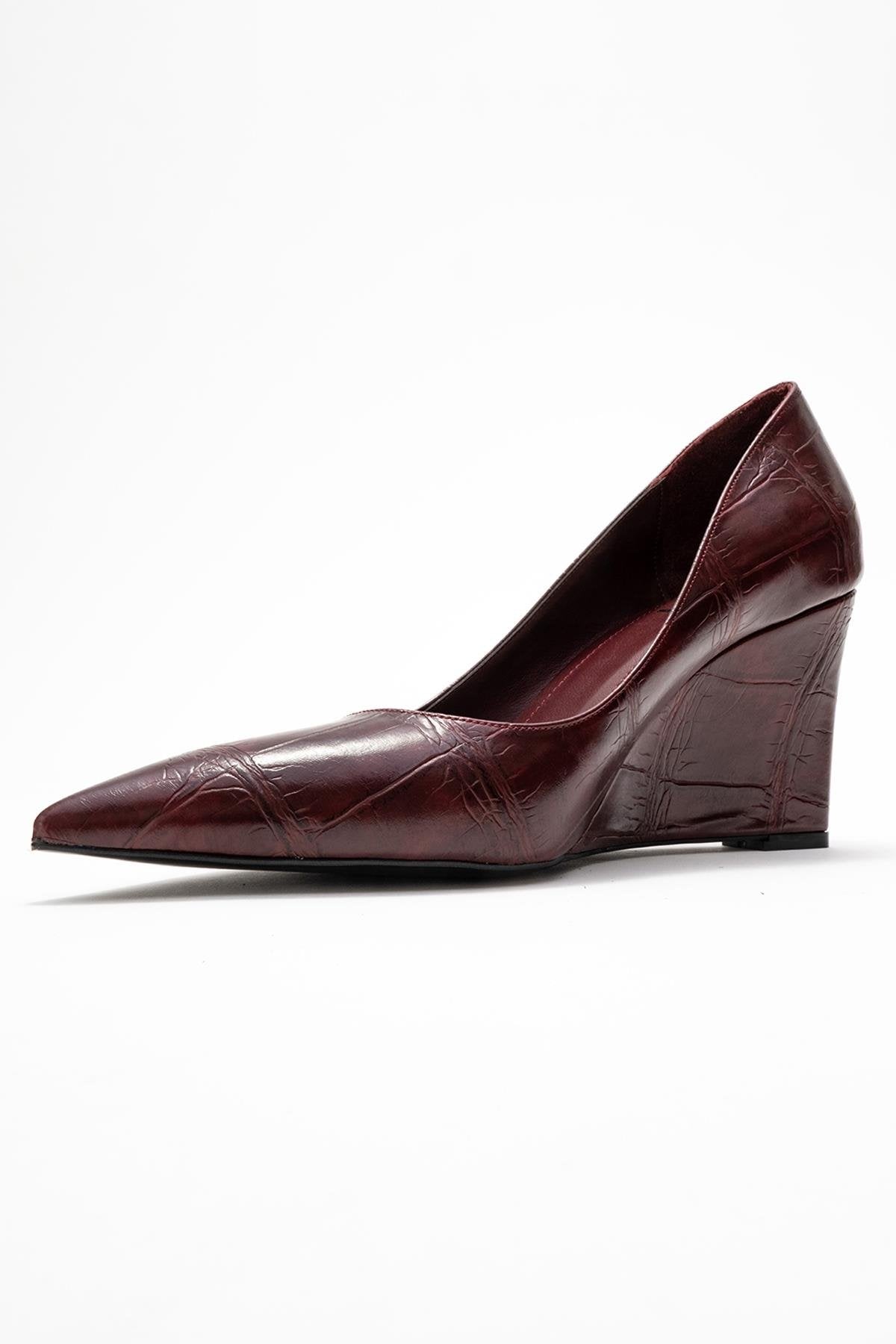Puera - Burgundy Printed Pointed Toe Wedge Heel Shoe – heel view showing leather, SimmiUnique