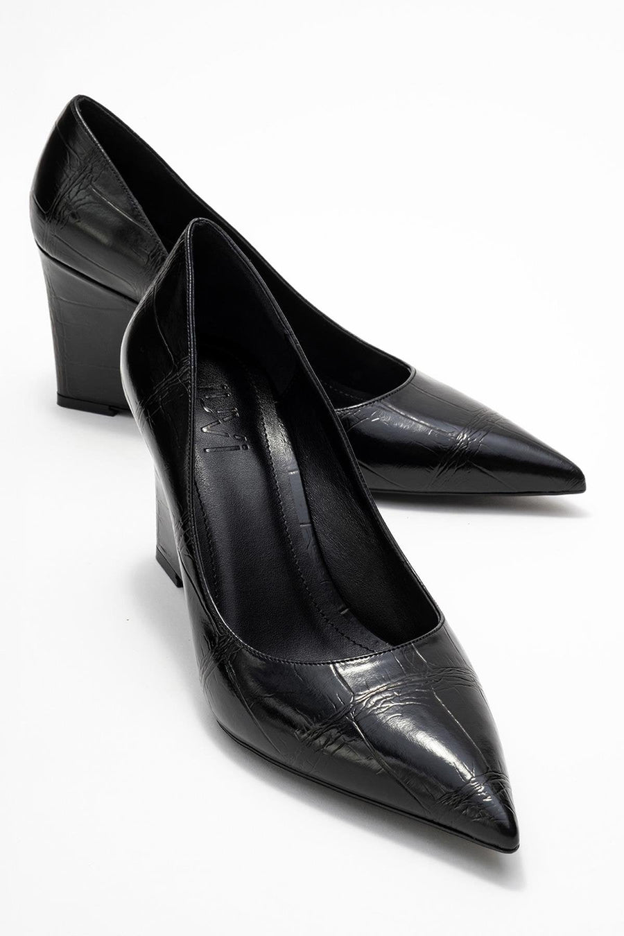 Puera - Black Printed Pointed Toe Wedge Heel Pump