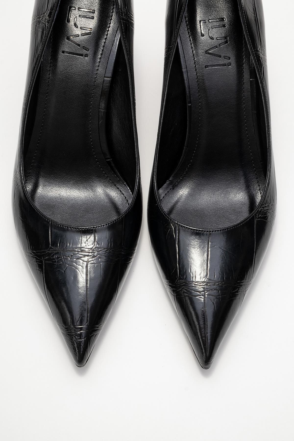 Puera - Black Printed Pointed Toe Wedge Heel Pump – side view showing leather, black, SimmiUnique