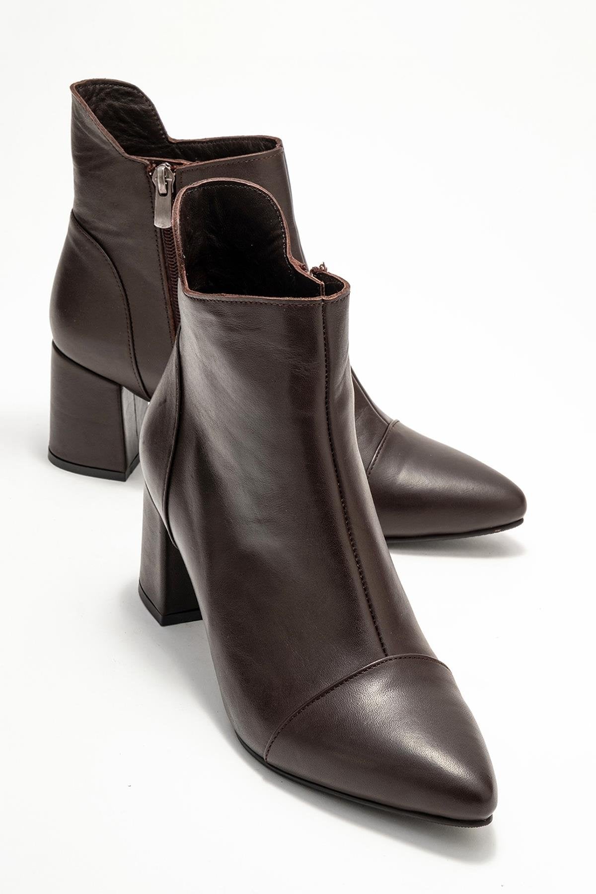 Gael - Brown Genuine Leather Block Heel Boot – front three-quarter view showing leather, SimmiUnique