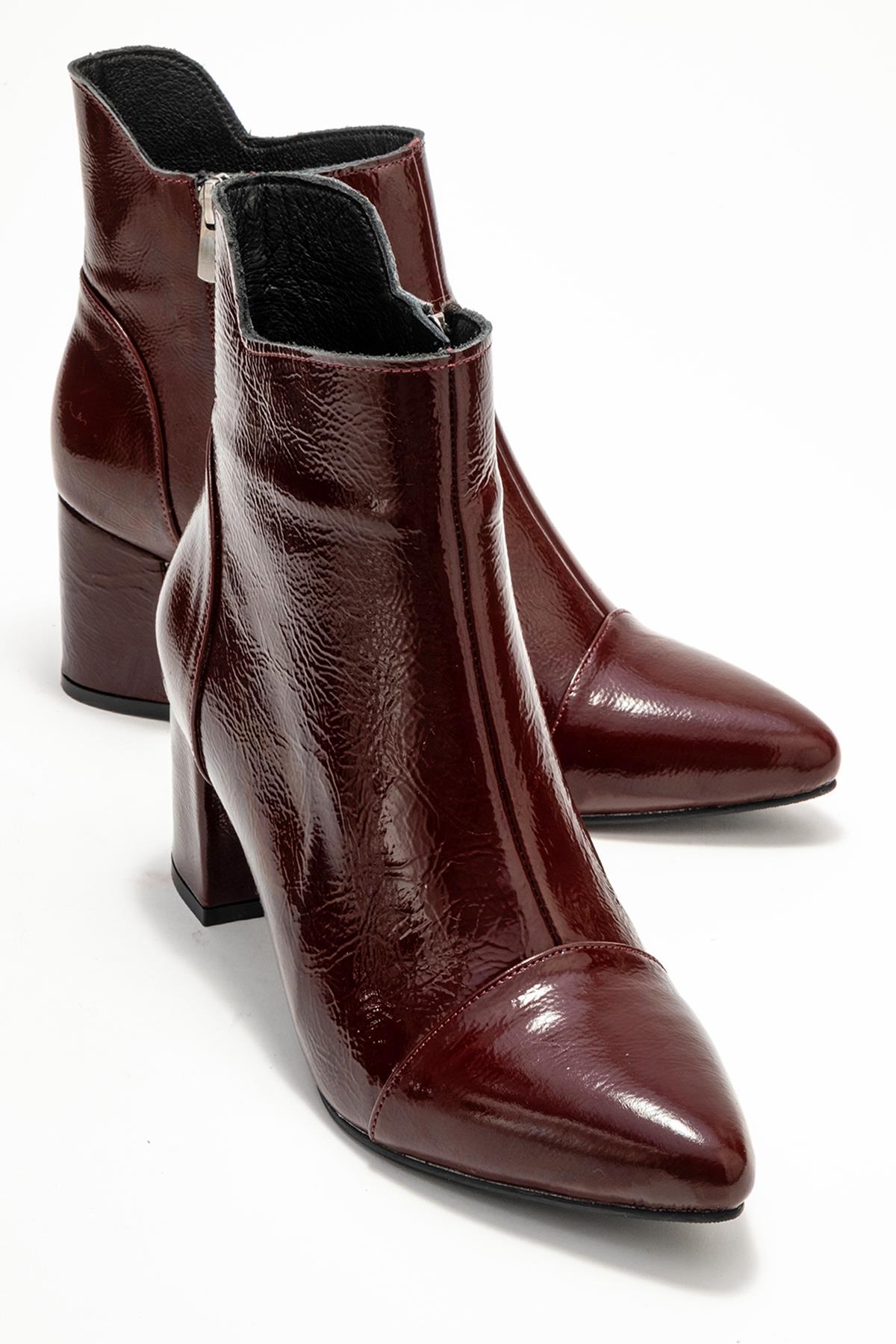 Gael - Burgundy Patent Genuine Leather Block Heel Boot – front three-quarter view showing leather, SimmiUnique