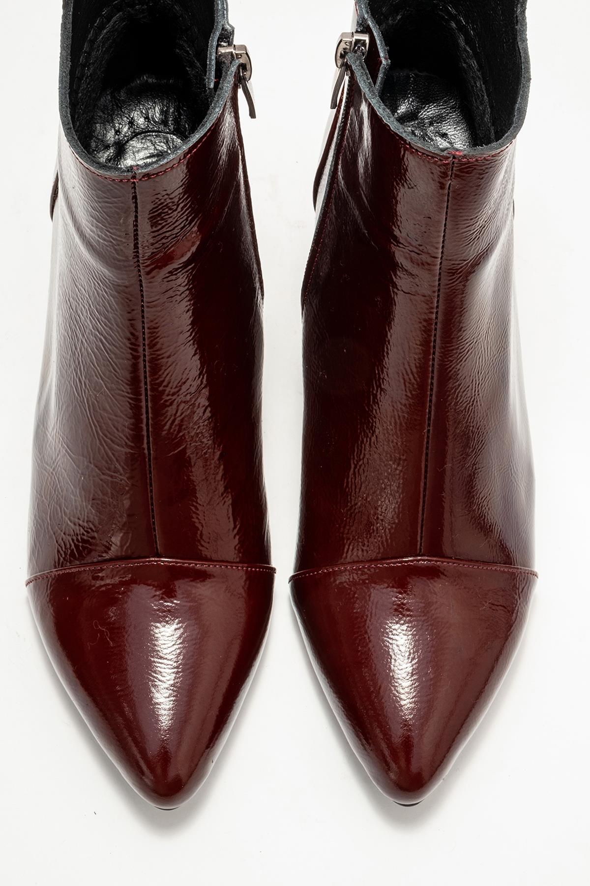 Gael - Burgundy Patent Genuine Leather Block Heel Boot – side view showing leather, SimmiUnique