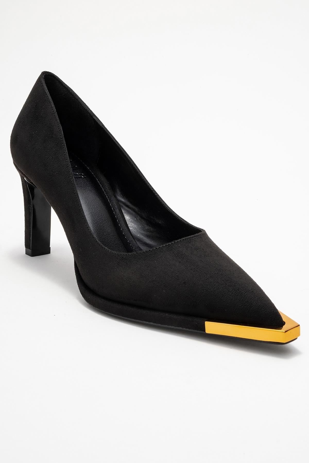 Liora - Black Suede Gold-Detail Block Heel Pump – detail view showing leather, suede, black, SimmiUnique