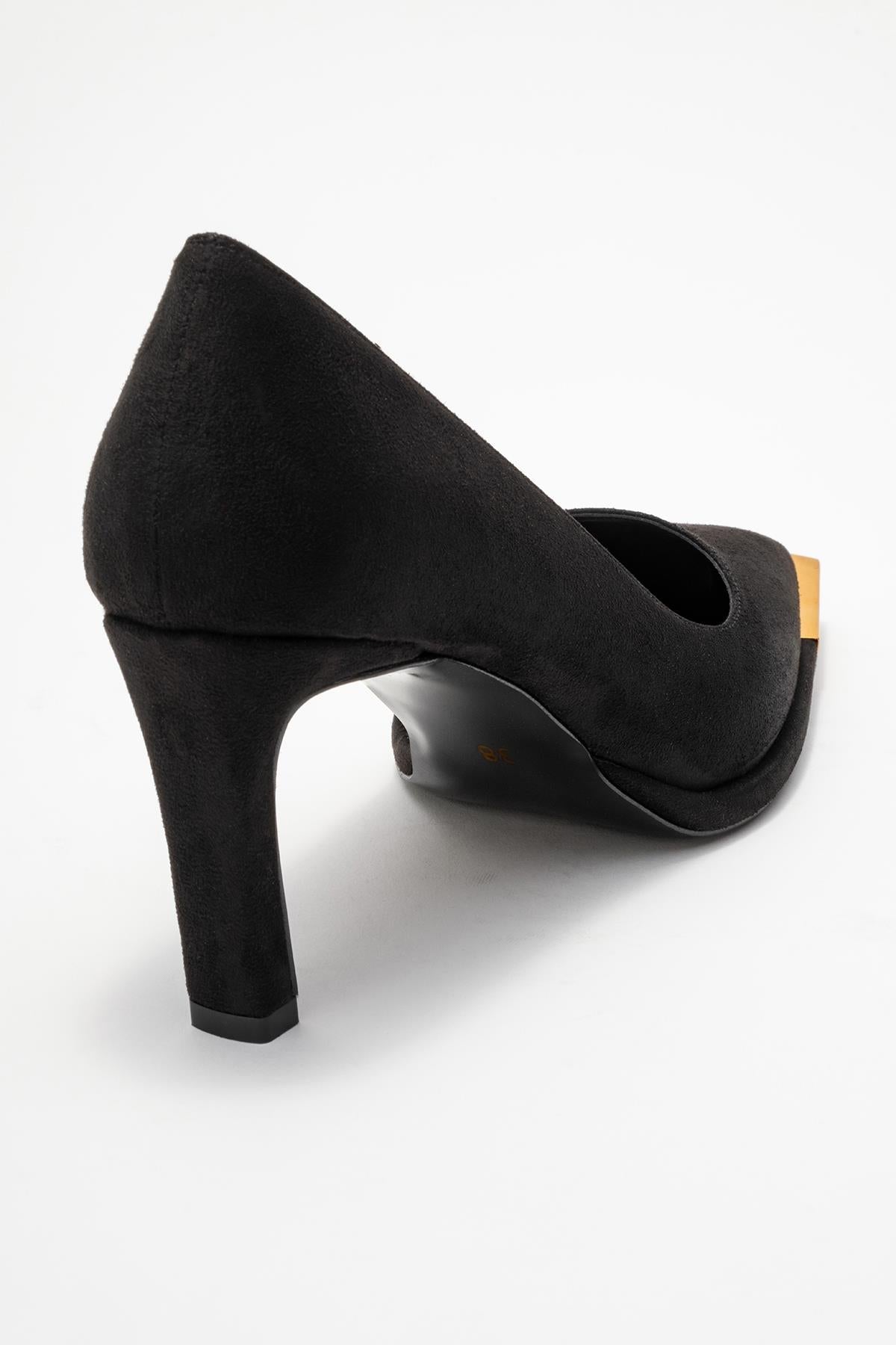 Liora - Black Suede Gold-Detail Block Heel Pump – back view showing leather, suede, black, SimmiUnique