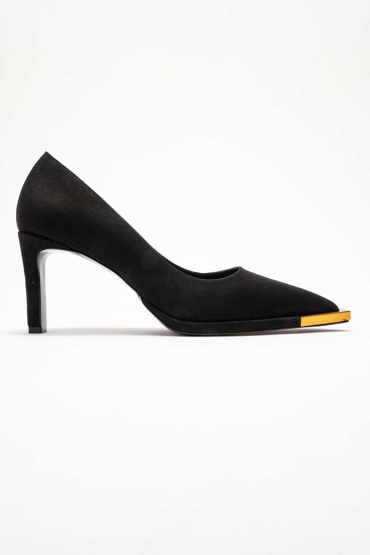 Liora - Black Suede Gold-Detail Block Heel Pump – top view showing leather, suede, black, SimmiUnique