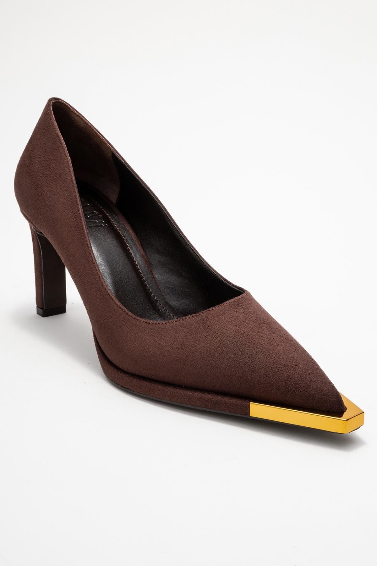 Liora - Brown Suede Gold-Detail Block Heel Pump – detail view showing leather, suede, gold, SimmiUnique
