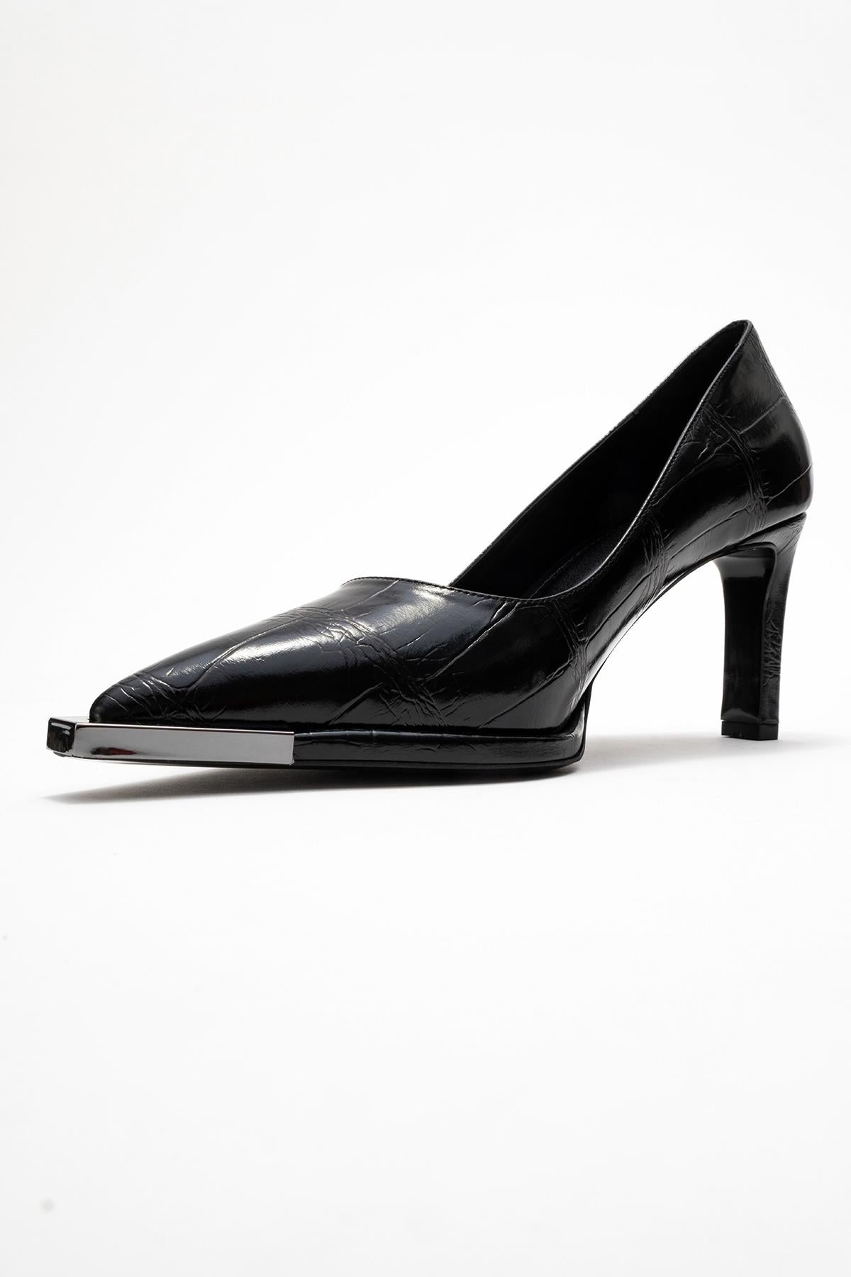 Liora - Black Printed Platinum-Detail Block Heel Pump – heel view showing leather, metallic, black, SimmiUnique