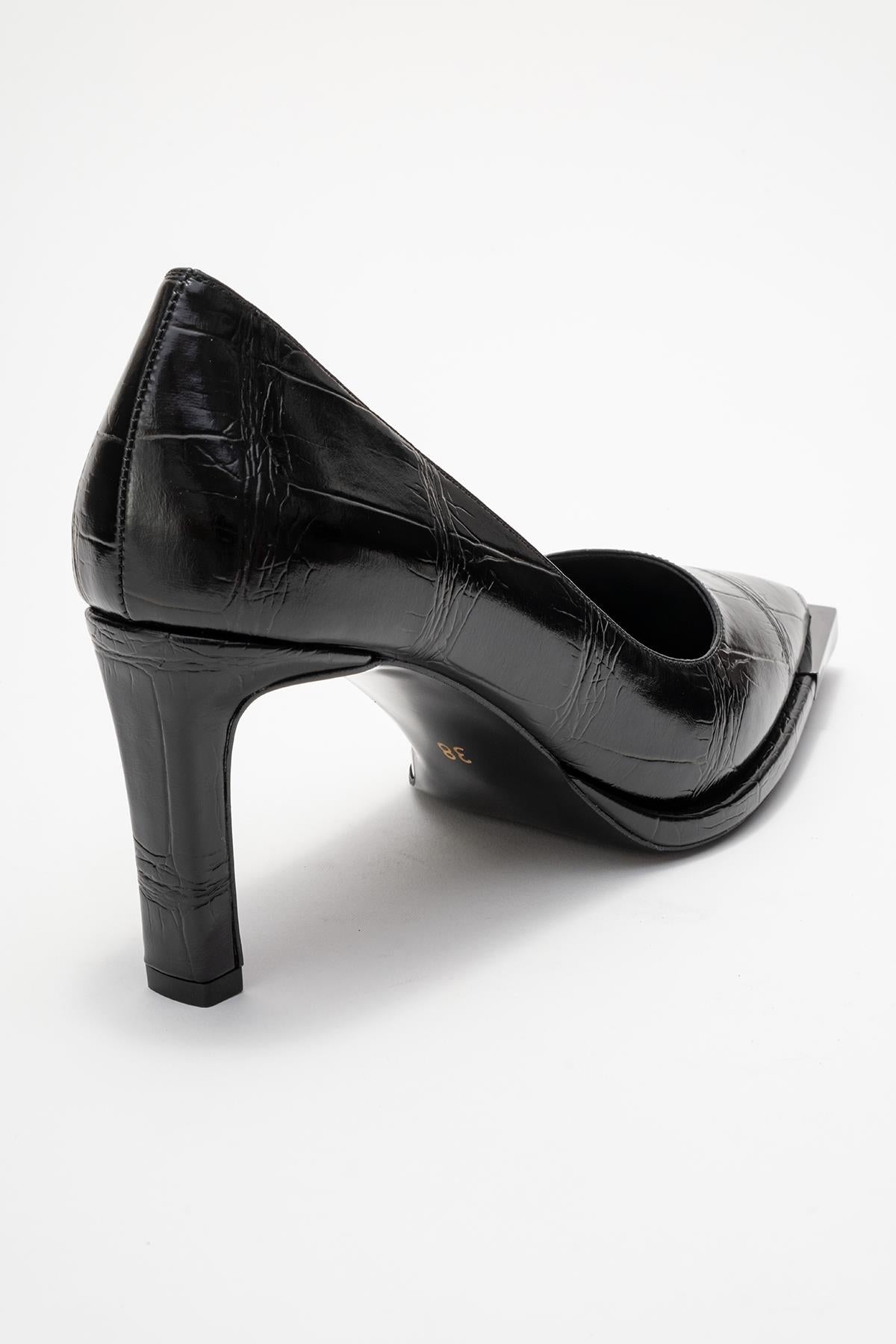 Liora - Black Printed Platinum-Detail Block Heel Pump – back view showing leather, metallic, black, SimmiUnique