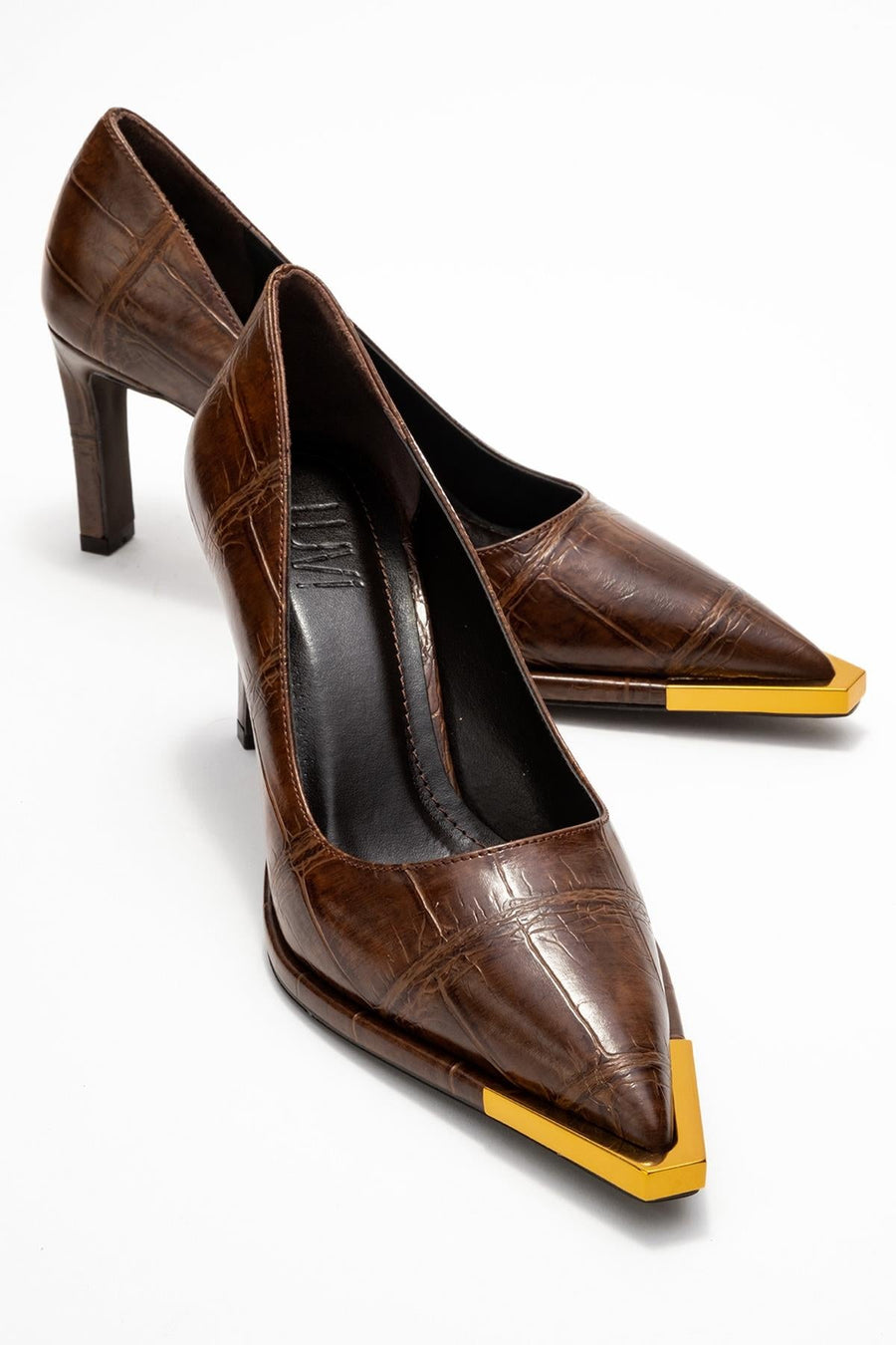 Liora - Brown Printed Gold-Detail Block Heel Pump