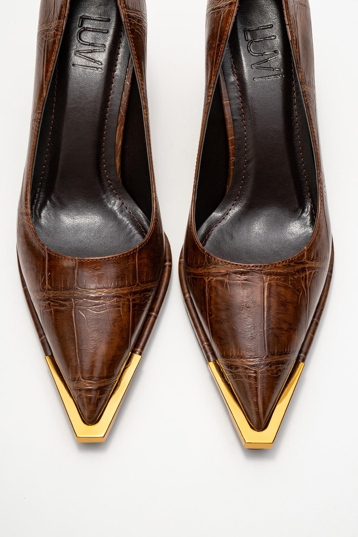 Liora - Brown Printed Gold-Detail Block Heel Pump – side view showing leather, metallic, gold, SimmiUnique