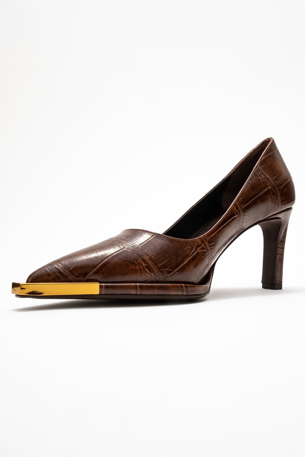 Liora - Brown Printed Gold-Detail Block Heel Pump – heel view showing leather, metallic, gold, SimmiUnique