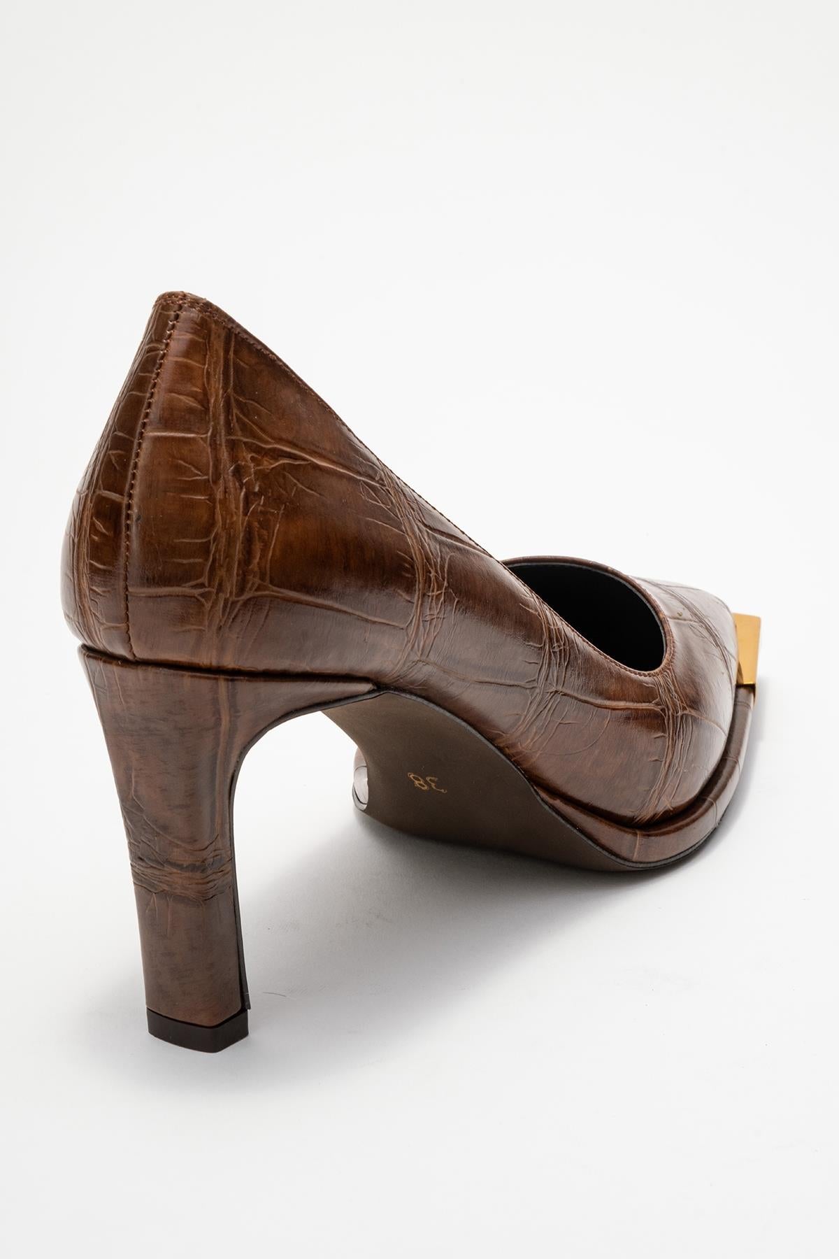 Liora - Brown Printed Gold-Detail Block Heel Pump – back view showing leather, metallic, gold, SimmiUnique