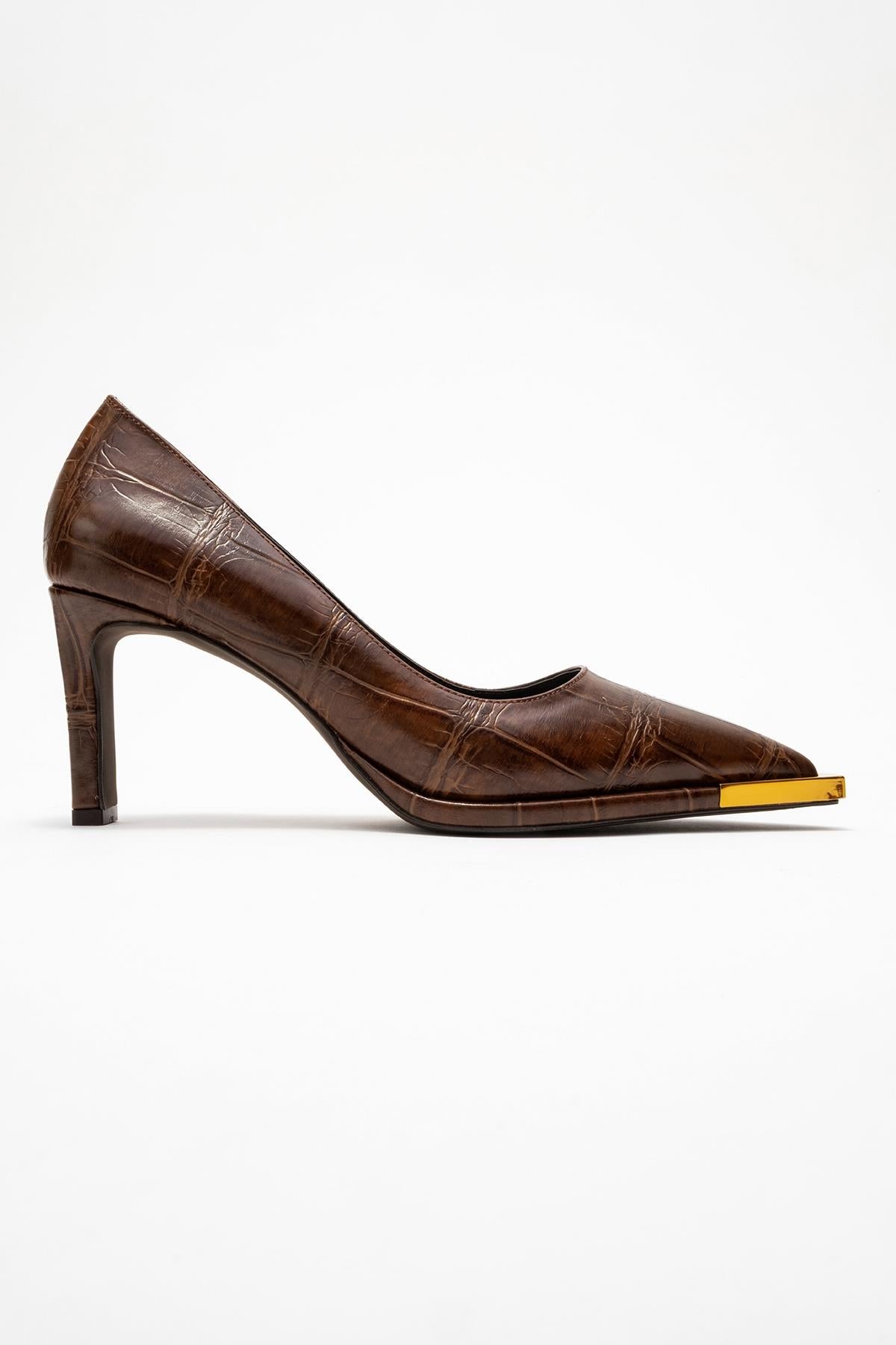 Liora - Brown Printed Gold-Detail Block Heel Pump – top view showing leather, metallic, gold, SimmiUnique