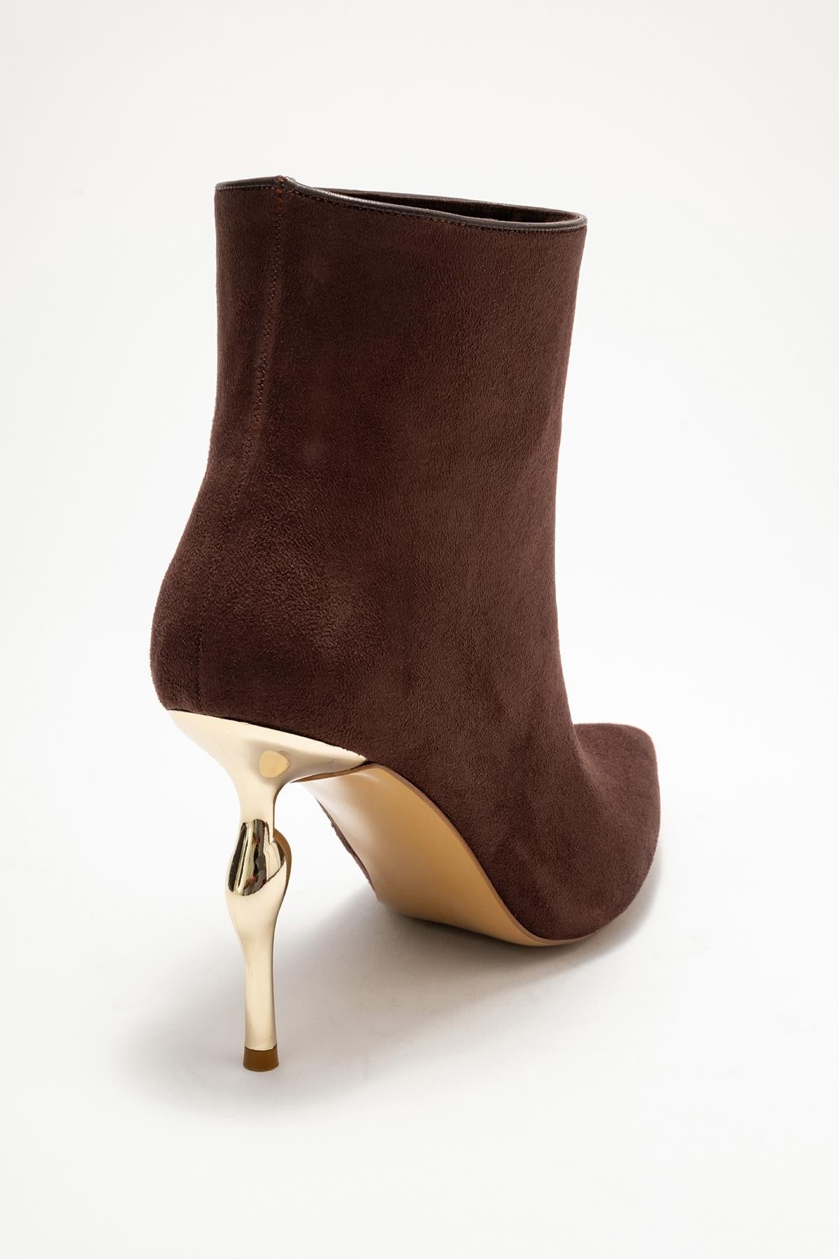 Crista - Brown Suede Pointed Toe Heeled Boot – back view showing suede, metallic, SimmiUnique