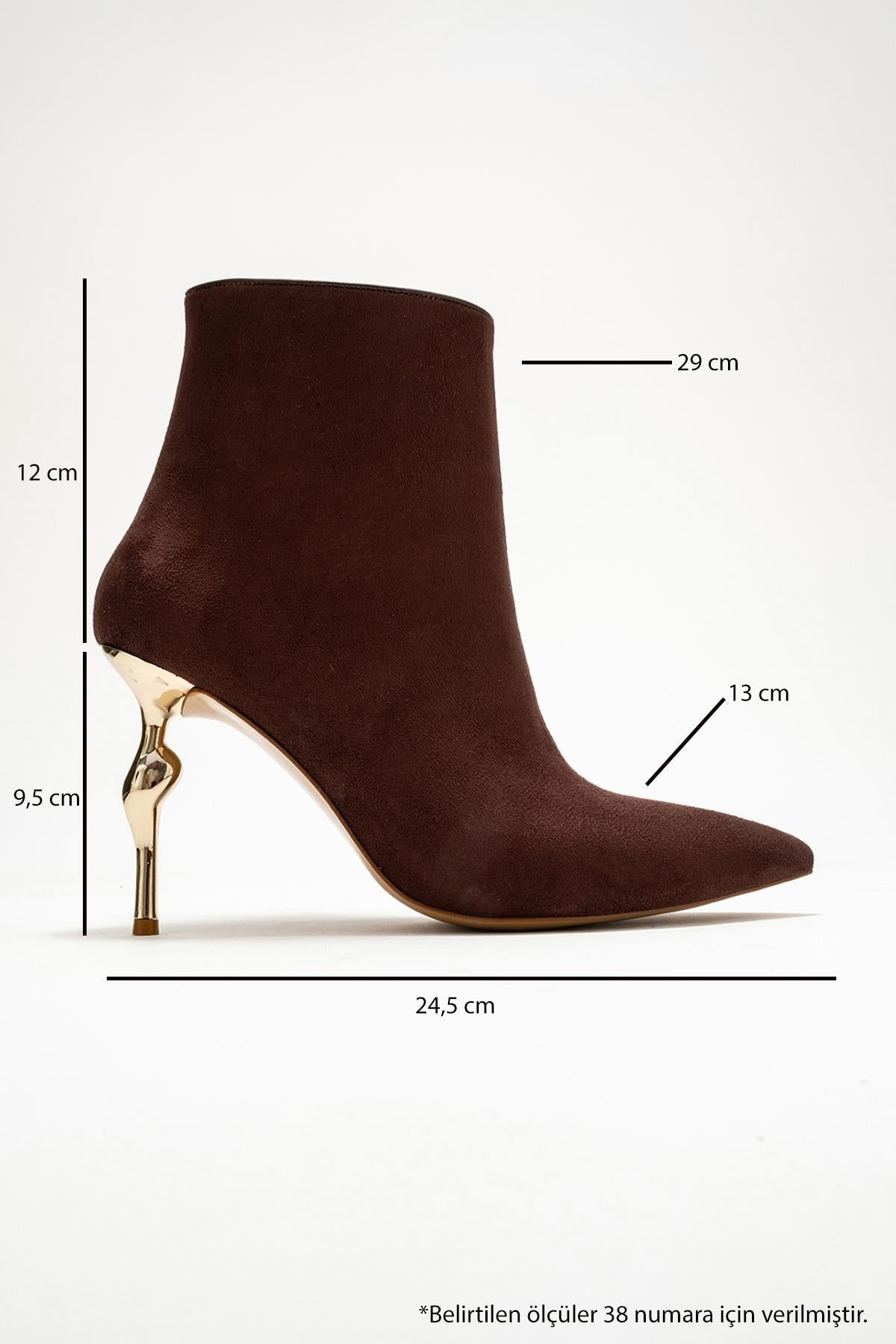 Crista - Brown Suede Pointed Toe Heeled Boot – top view showing suede, metallic, SimmiUnique