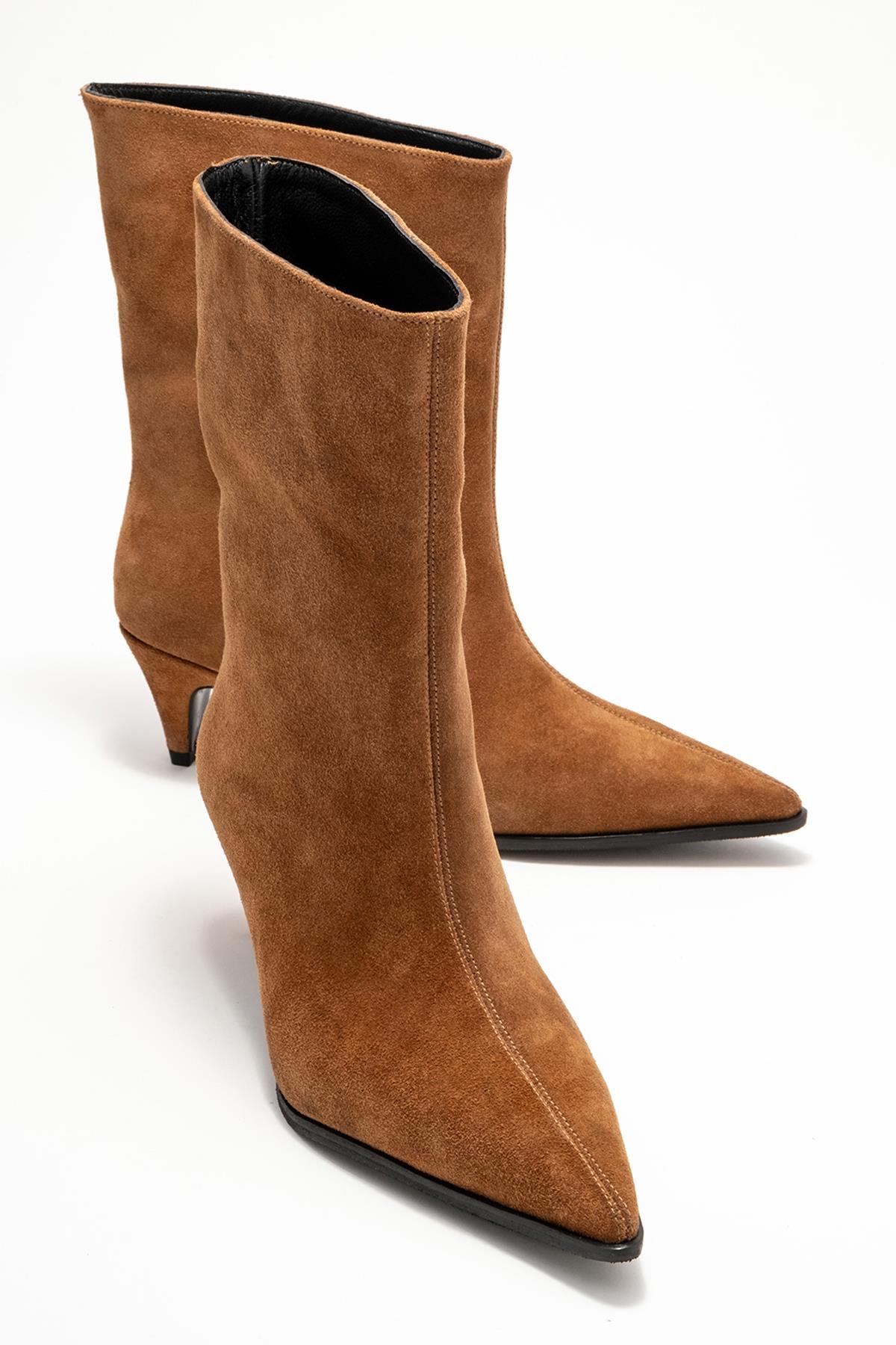 Aleo - Taupe Suede Genuine Leather Pointed Toe Short Heel Boot – front three-quarter view showing leather, suede, SimmiUnique