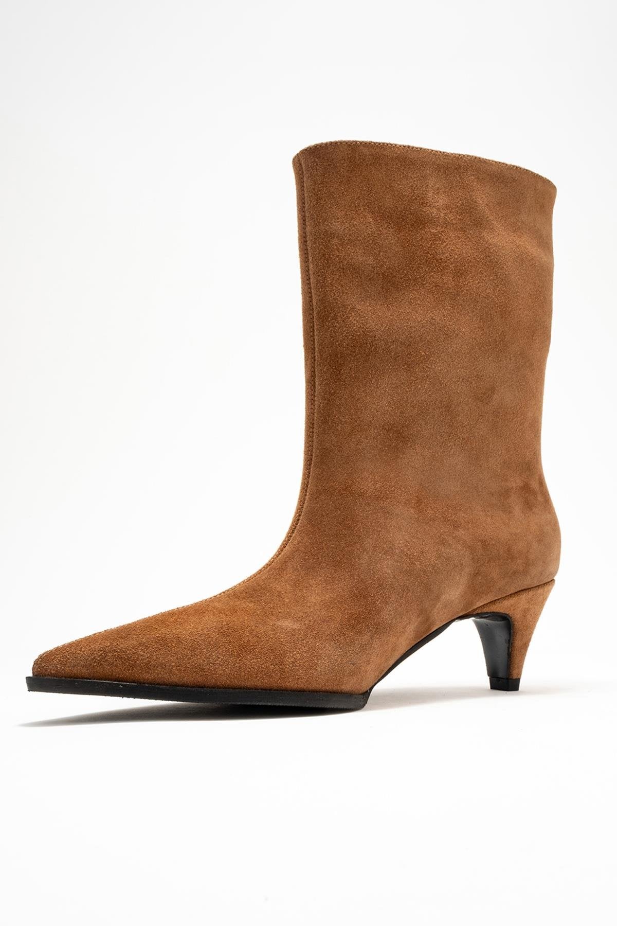 Aleo - Taupe Suede Genuine Leather Pointed Toe Short Heel Boot – heel view showing leather, suede, SimmiUnique