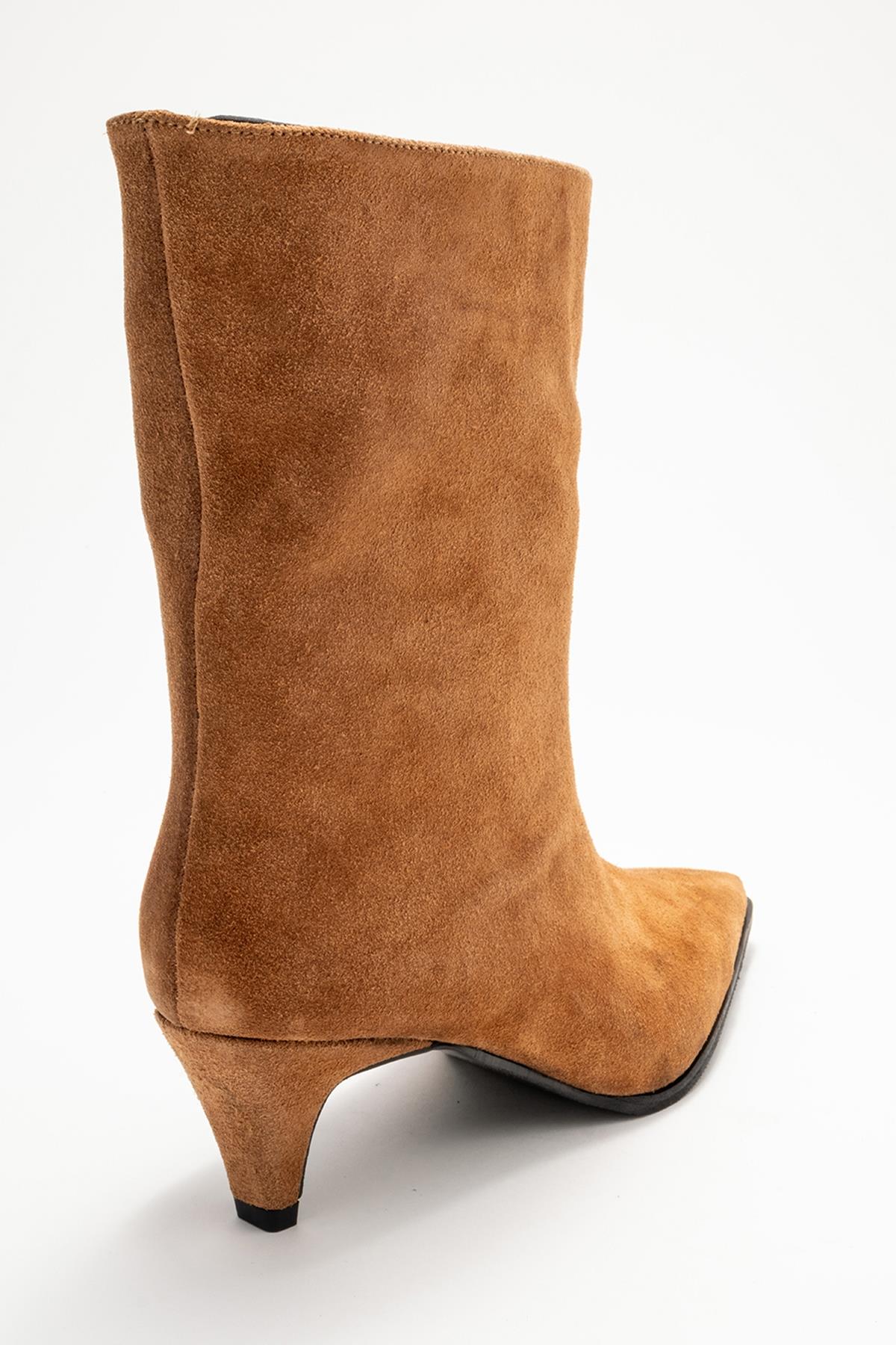 Aleo - Taupe Suede Genuine Leather Pointed Toe Short Heel Boot – back view showing leather, suede, SimmiUnique