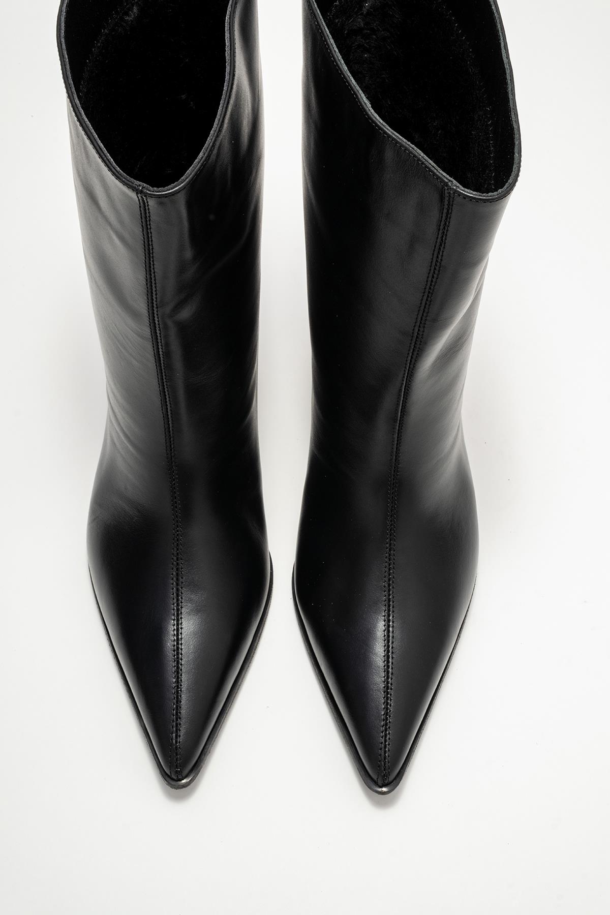 Aleo - Black Genuine Leather Pointed Toe Short Heel Boot – side view showing leather, black, SimmiUnique
