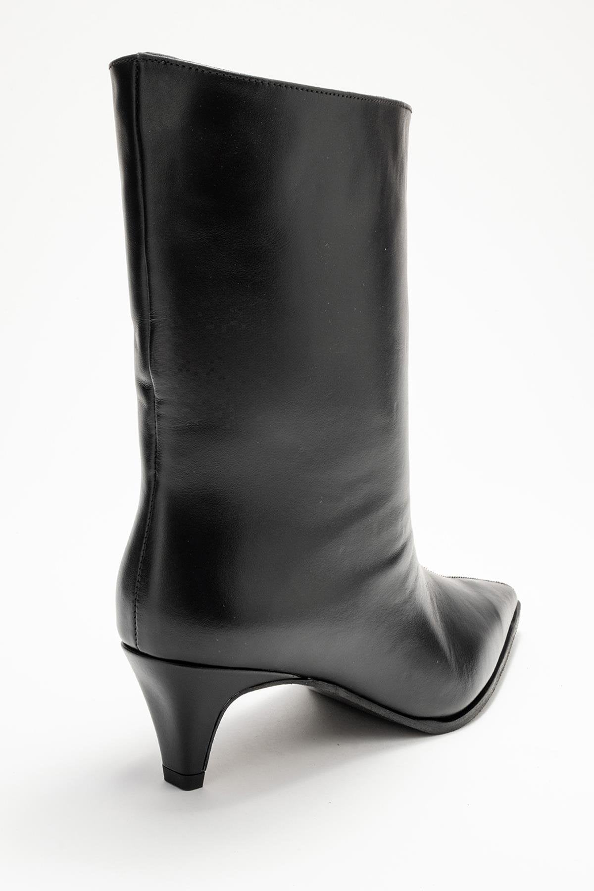 Aleo - Black Genuine Leather Pointed Toe Short Heel Boot – back view showing leather, black, SimmiUnique