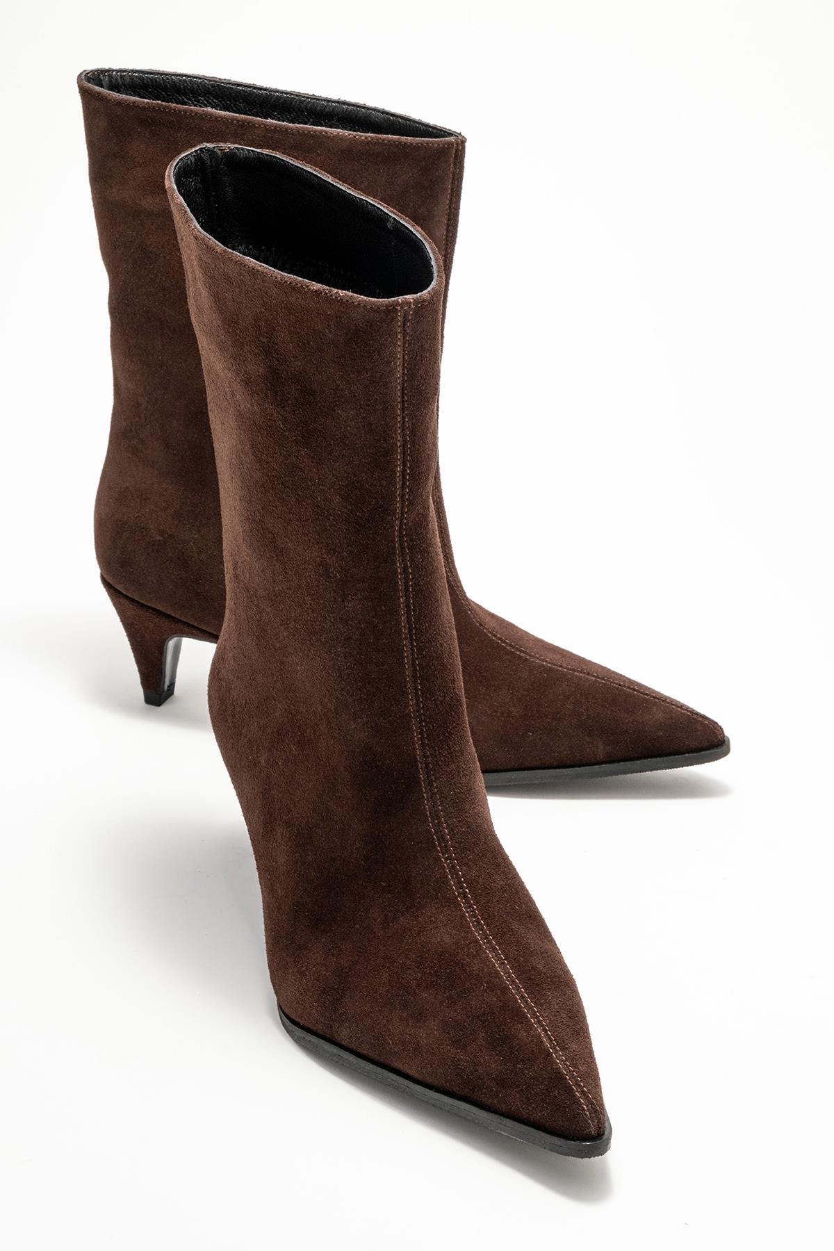 Aleo - Brown Suede Genuine Leather Pointed Toe Short Heel Boot – front three-quarter view showing leather, suede, SimmiUnique