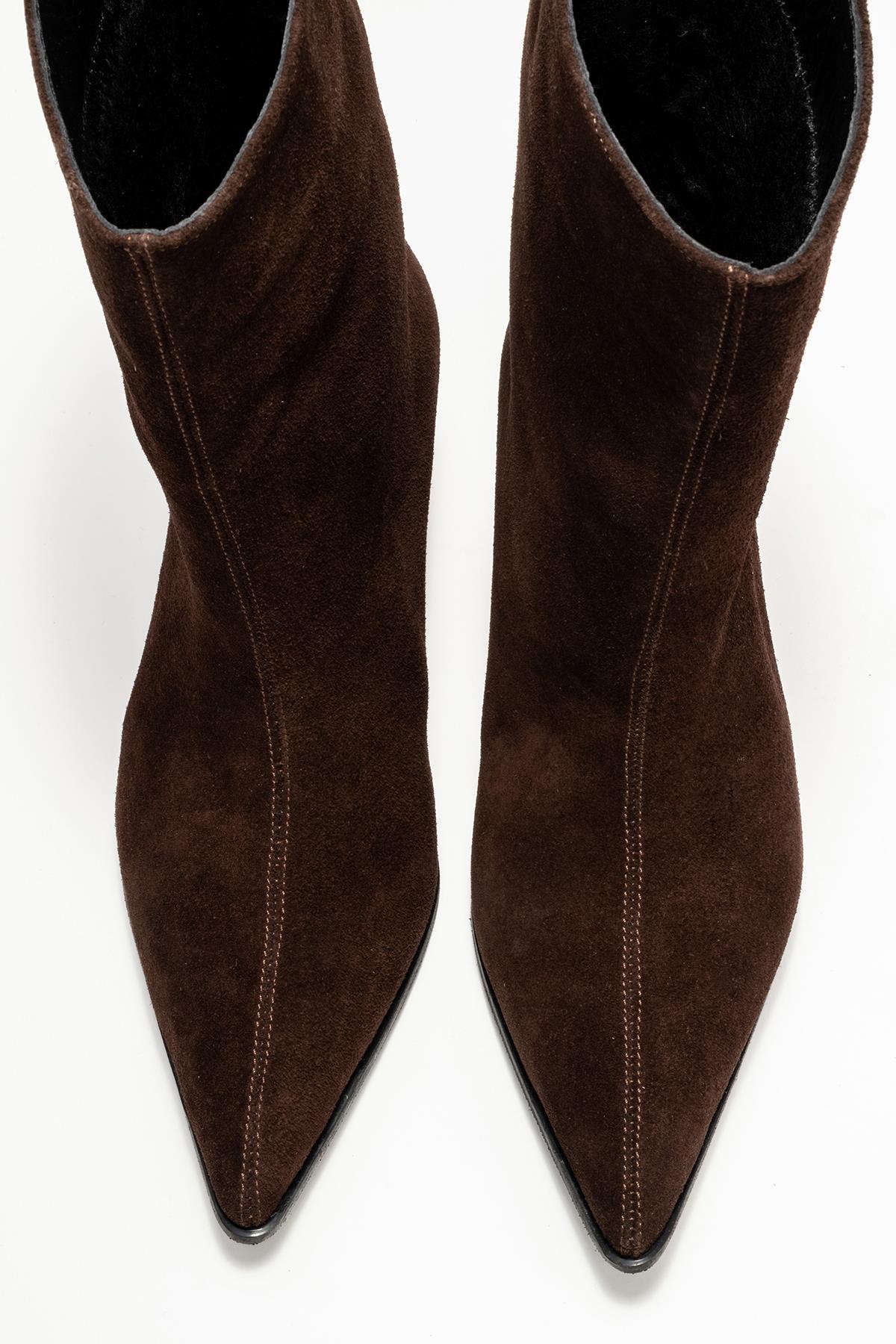 Aleo - Brown Suede Genuine Leather Pointed Toe Short Heel Boot – side view showing leather, suede, SimmiUnique