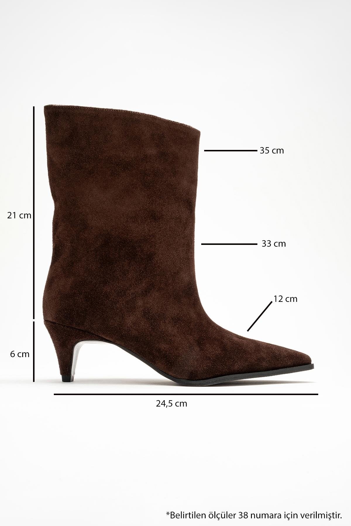 Aleo - Brown Suede Genuine Leather Pointed Toe Short Heel Boot – top view showing leather, suede, SimmiUnique