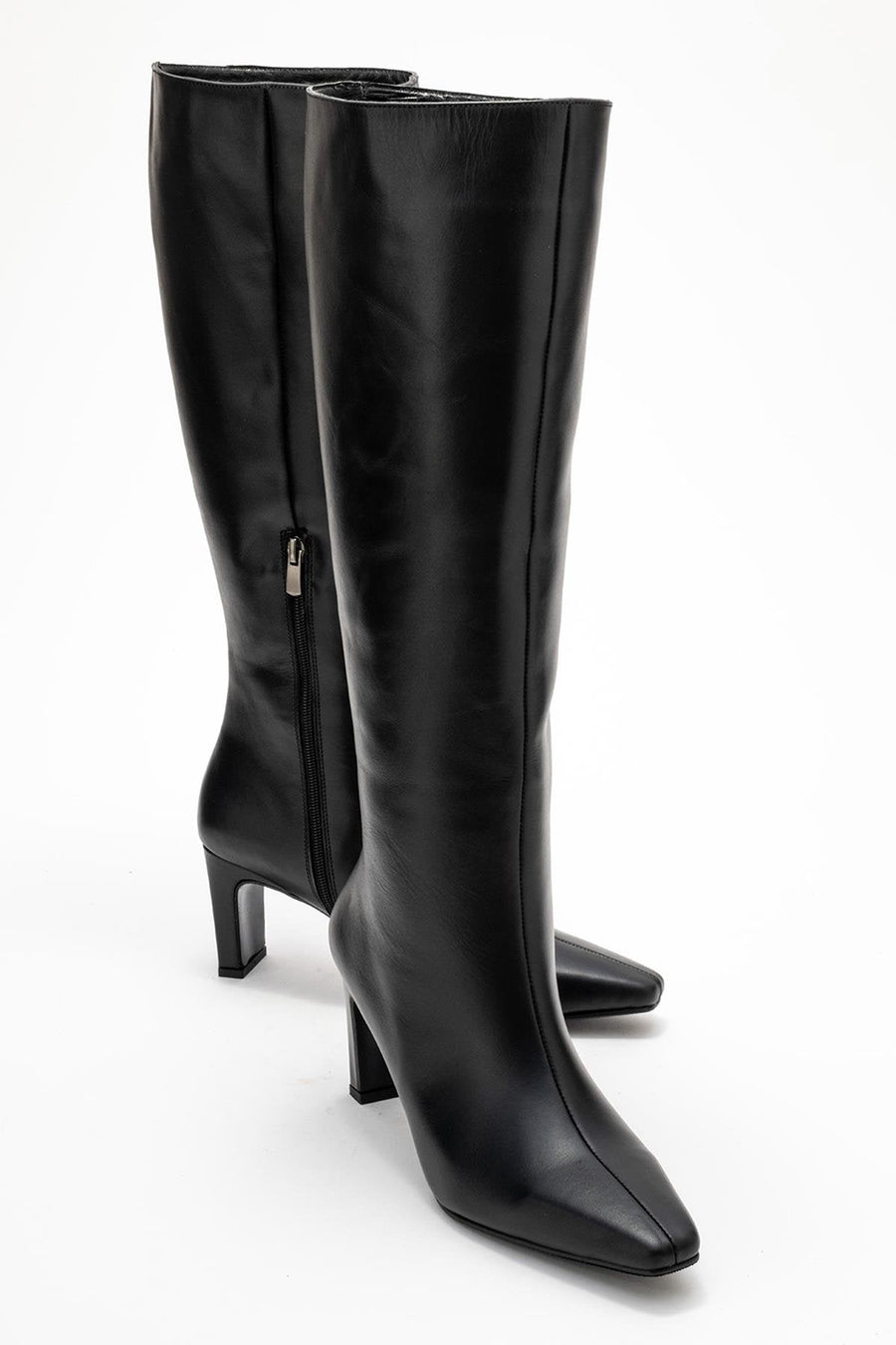 Valencia - Black Genuine Leather Block Heel Knee-High Boot