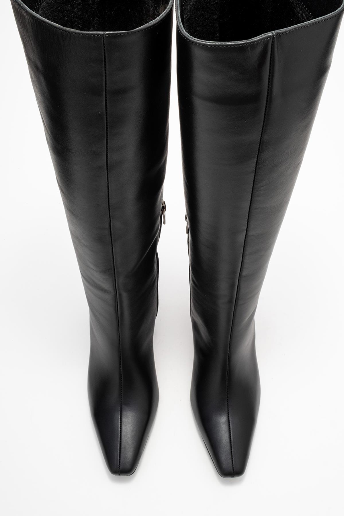 Valencia - Black Genuine Leather Block Heel Knee-High Boot – side view showing leather, black, SimmiUnique