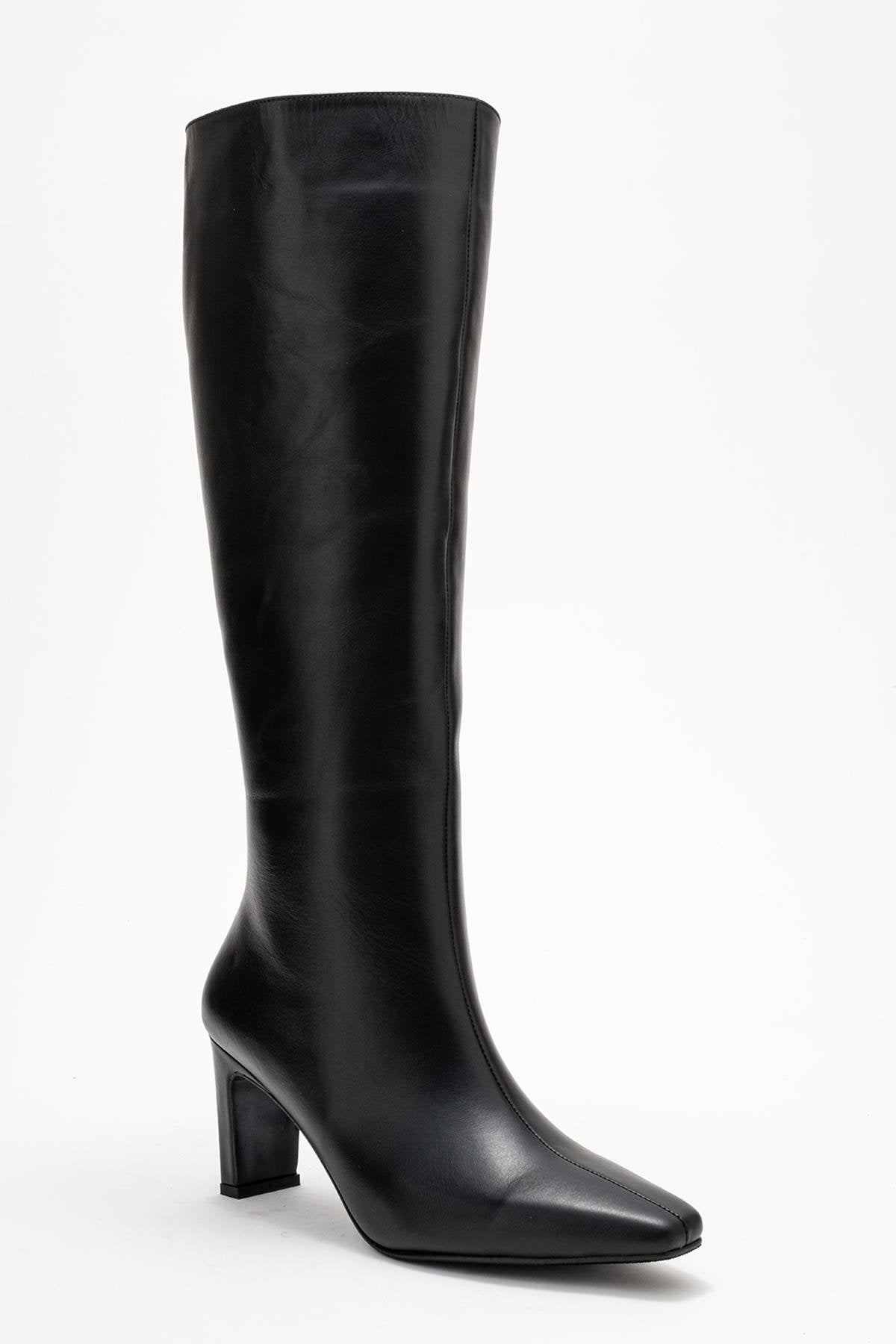 Valencia - Black Genuine Leather Block Heel Knee-High Boot – detail view showing leather, black, SimmiUnique