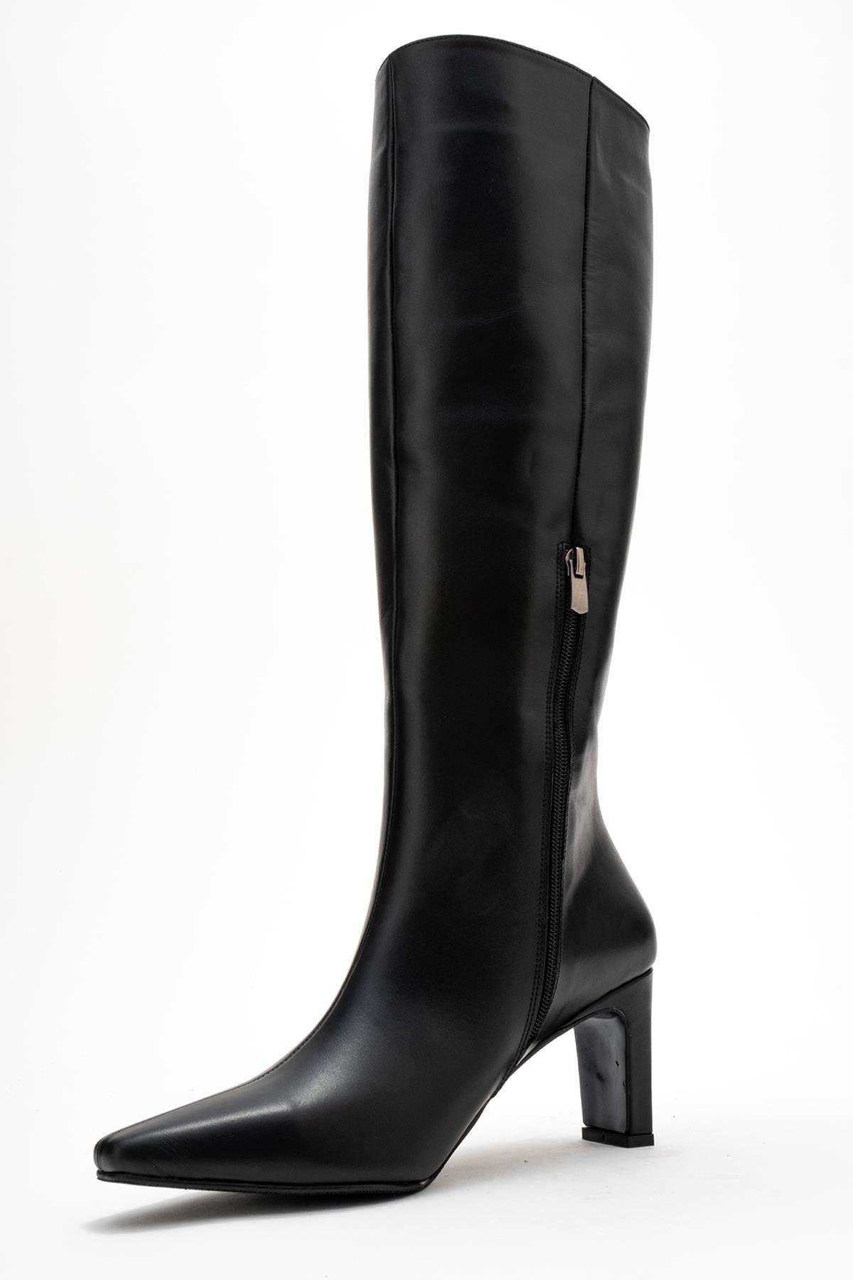 Valencia - Black Genuine Leather Block Heel Knee-High Boot – heel view showing leather, black, SimmiUnique