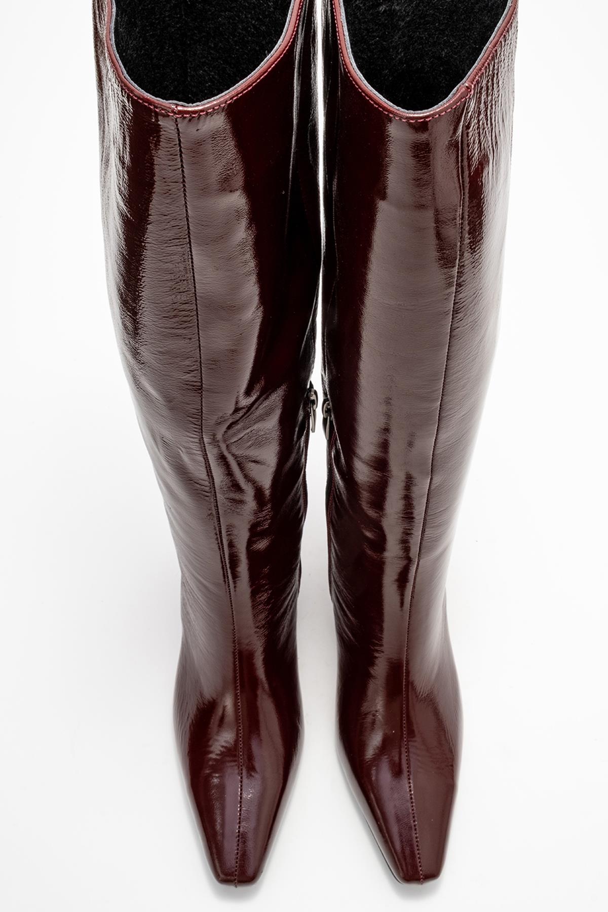 Valencia - Burgundy Patent Genuine Leather Block Heel Boot – side view showing leather, SimmiUnique