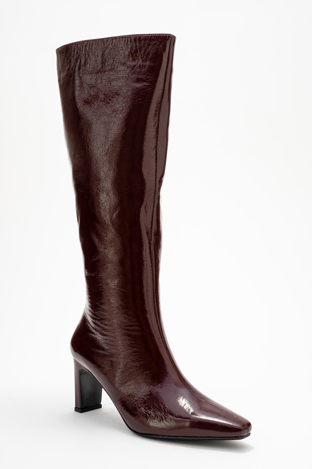 Valencia - Burgundy Patent Genuine Leather Block Heel Boot – detail view showing leather, SimmiUnique