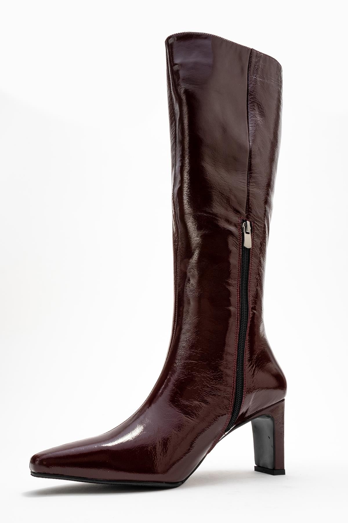 Valencia - Burgundy Patent Genuine Leather Block Heel Boot – heel view showing leather, SimmiUnique