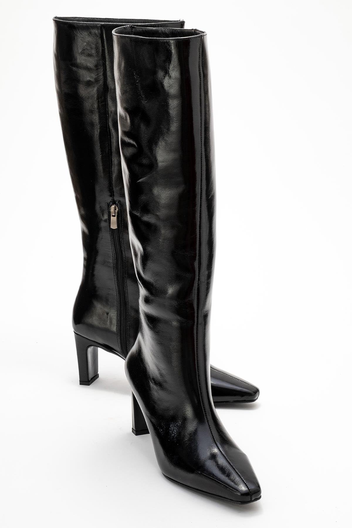 Valencia - Black Patent Genuine Leather Block Heel Boot – front three-quarter view showing leather, black, red, SimmiUnique
