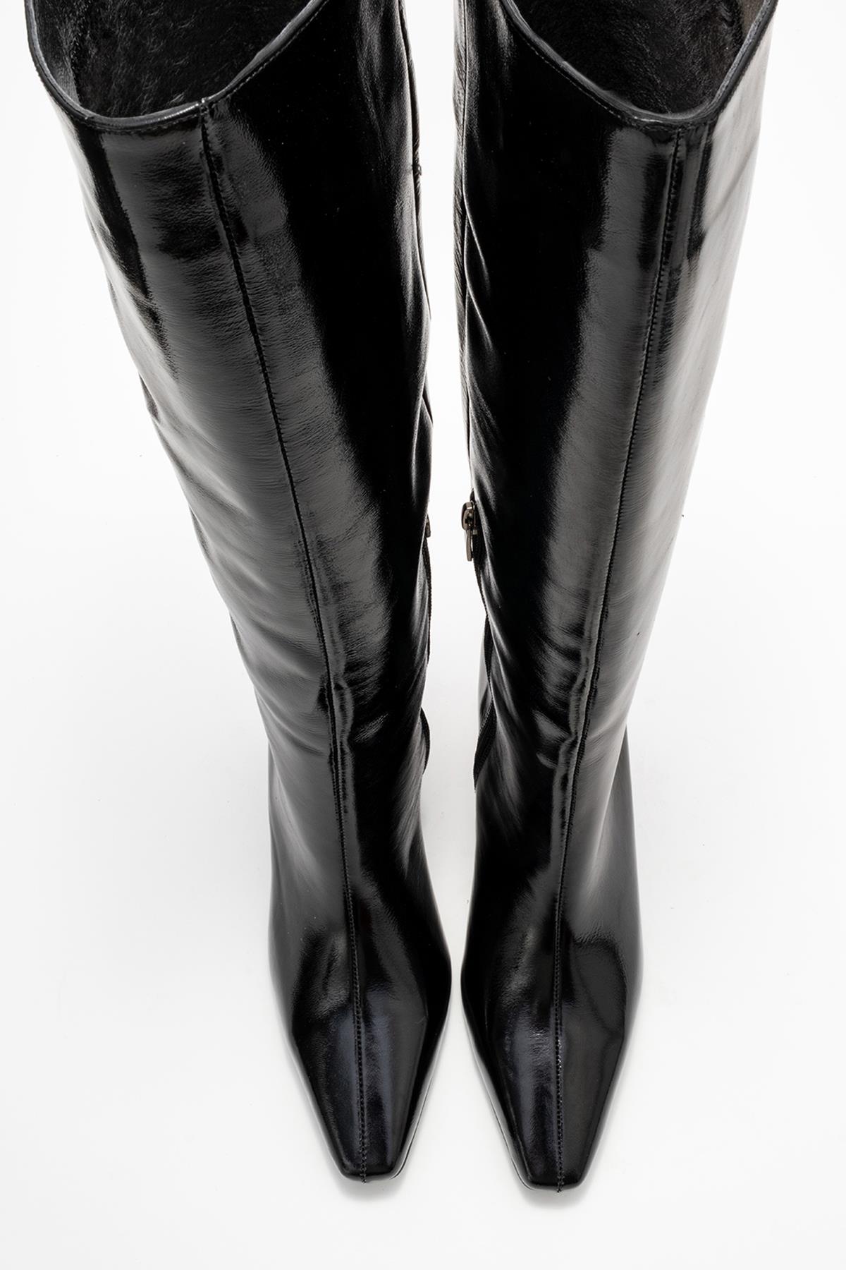 Valencia - Black Patent Genuine Leather Block Heel Boot – side view showing leather, black, red, SimmiUnique