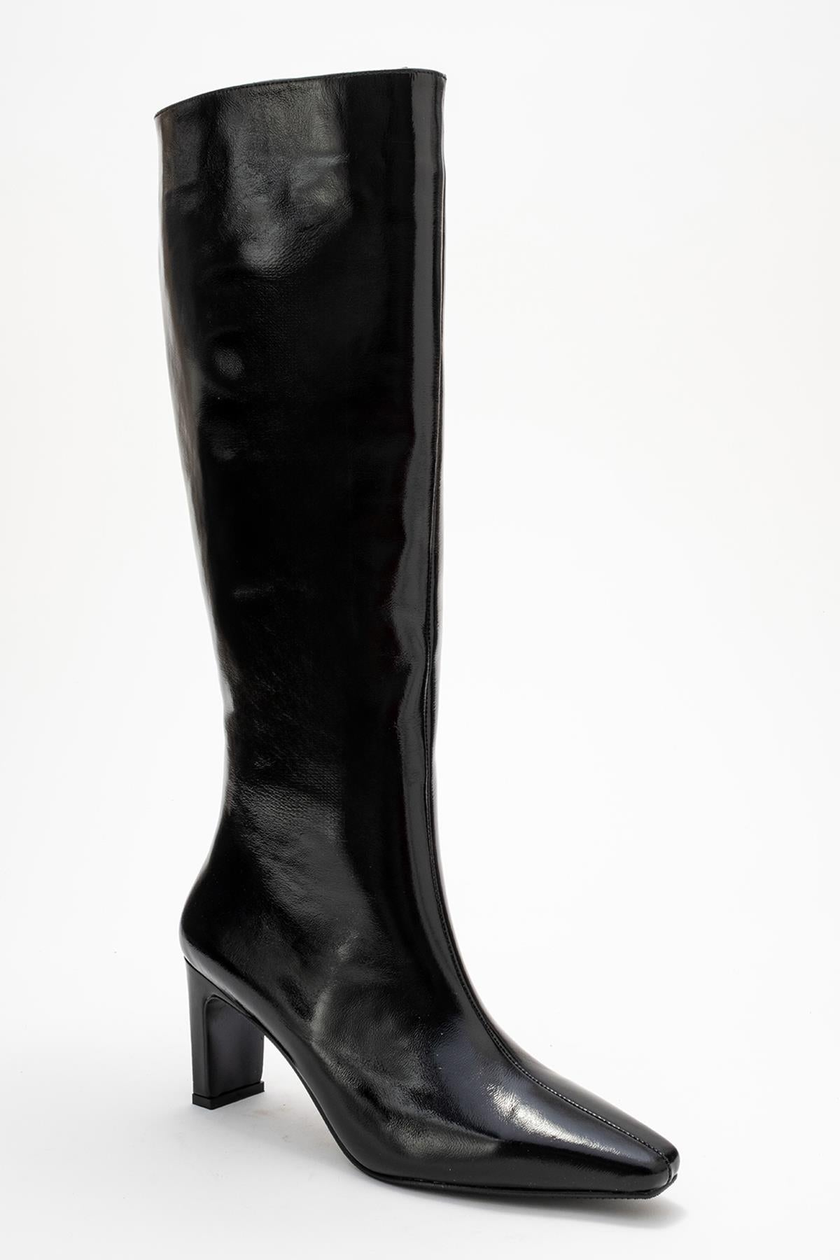 Valencia - Black Patent Genuine Leather Block Heel Boot – detail view showing leather, black, red, SimmiUnique