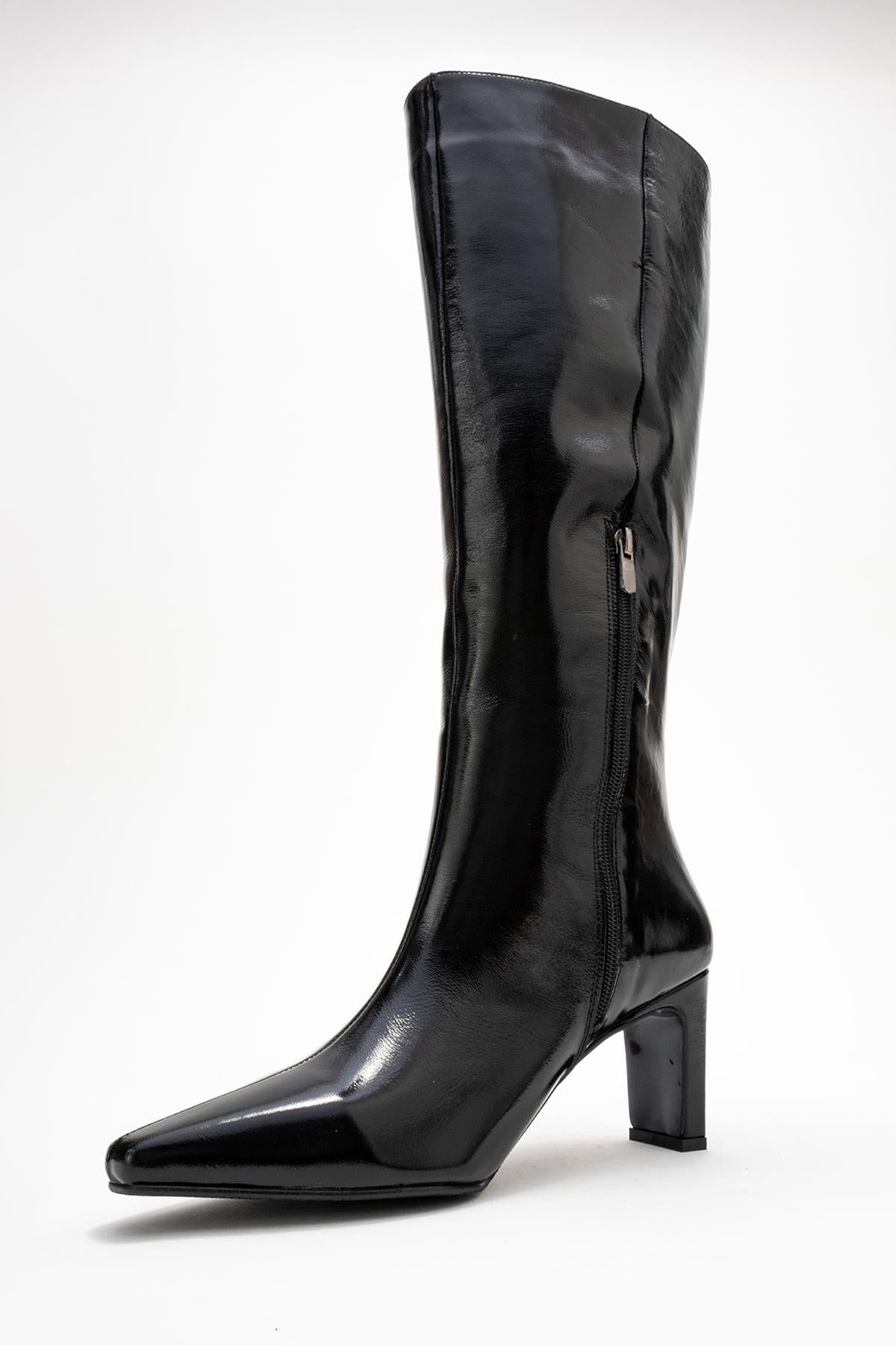 Valencia - Black Patent Genuine Leather Block Heel Boot – heel view showing leather, black, red, SimmiUnique