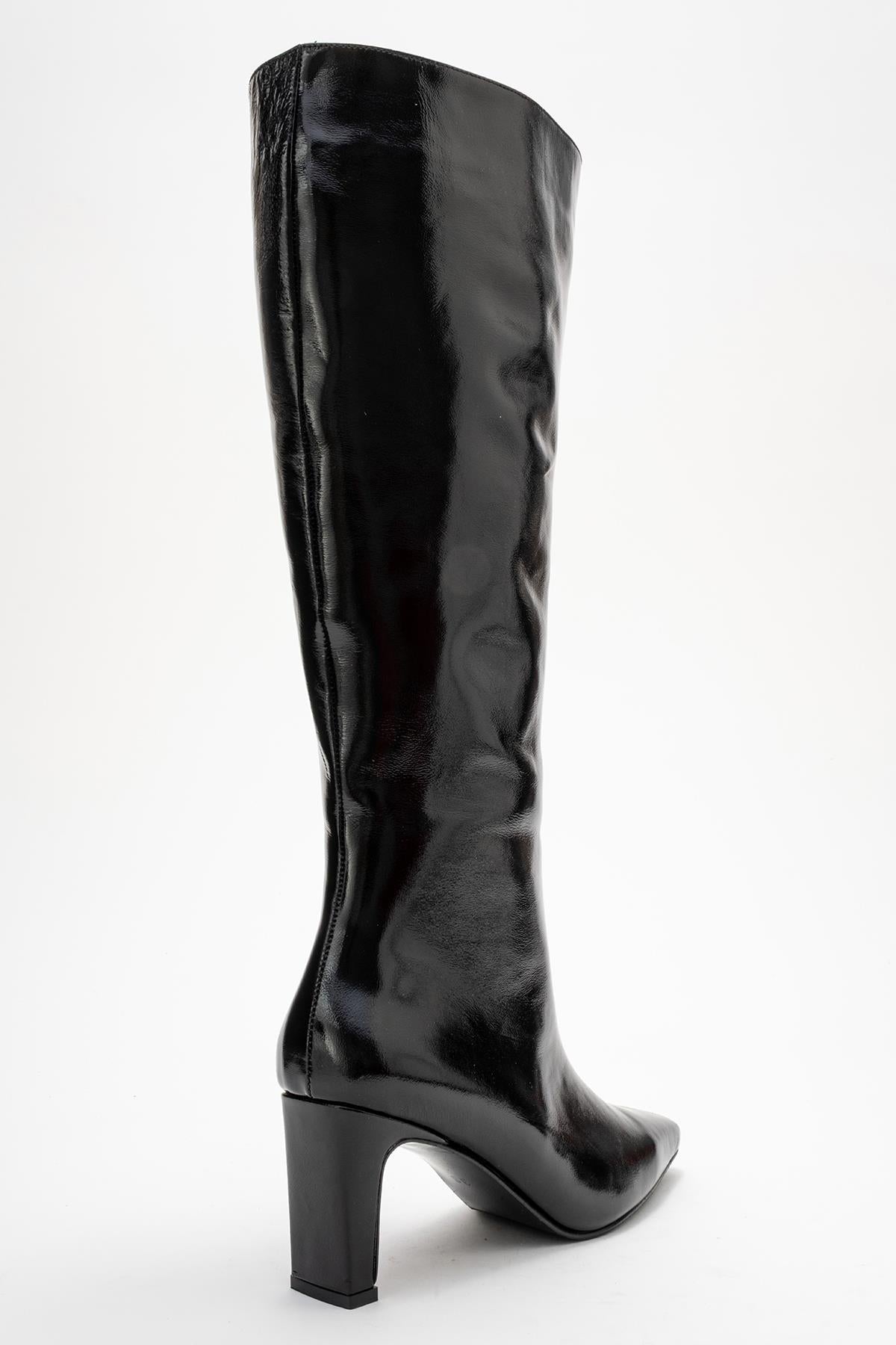 Valencia - Black Patent Genuine Leather Block Heel Boot – back view showing leather, black, red, SimmiUnique