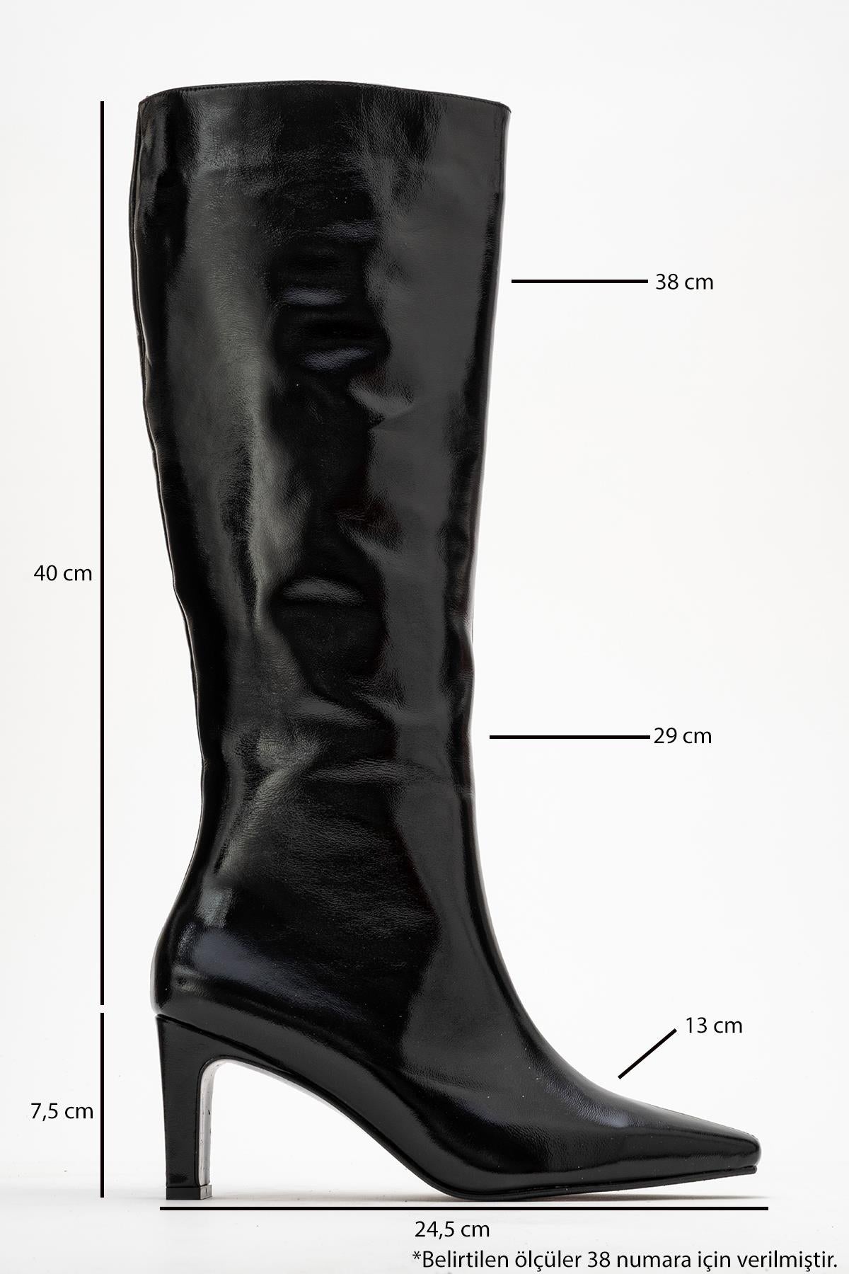 Valencia - Black Patent Genuine Leather Block Heel Boot – top view showing leather, black, red, SimmiUnique