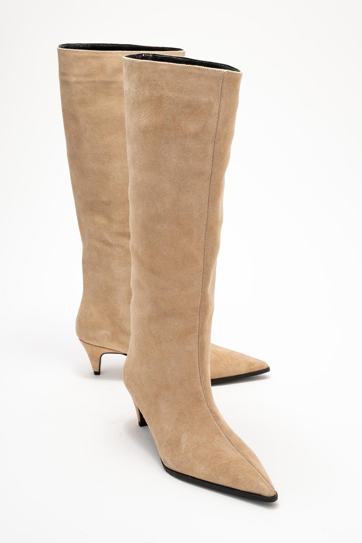 Siora - Beige Suede Genuine Leather Short Heel Boot – front three-quarter view showing leather, suede, SimmiUnique